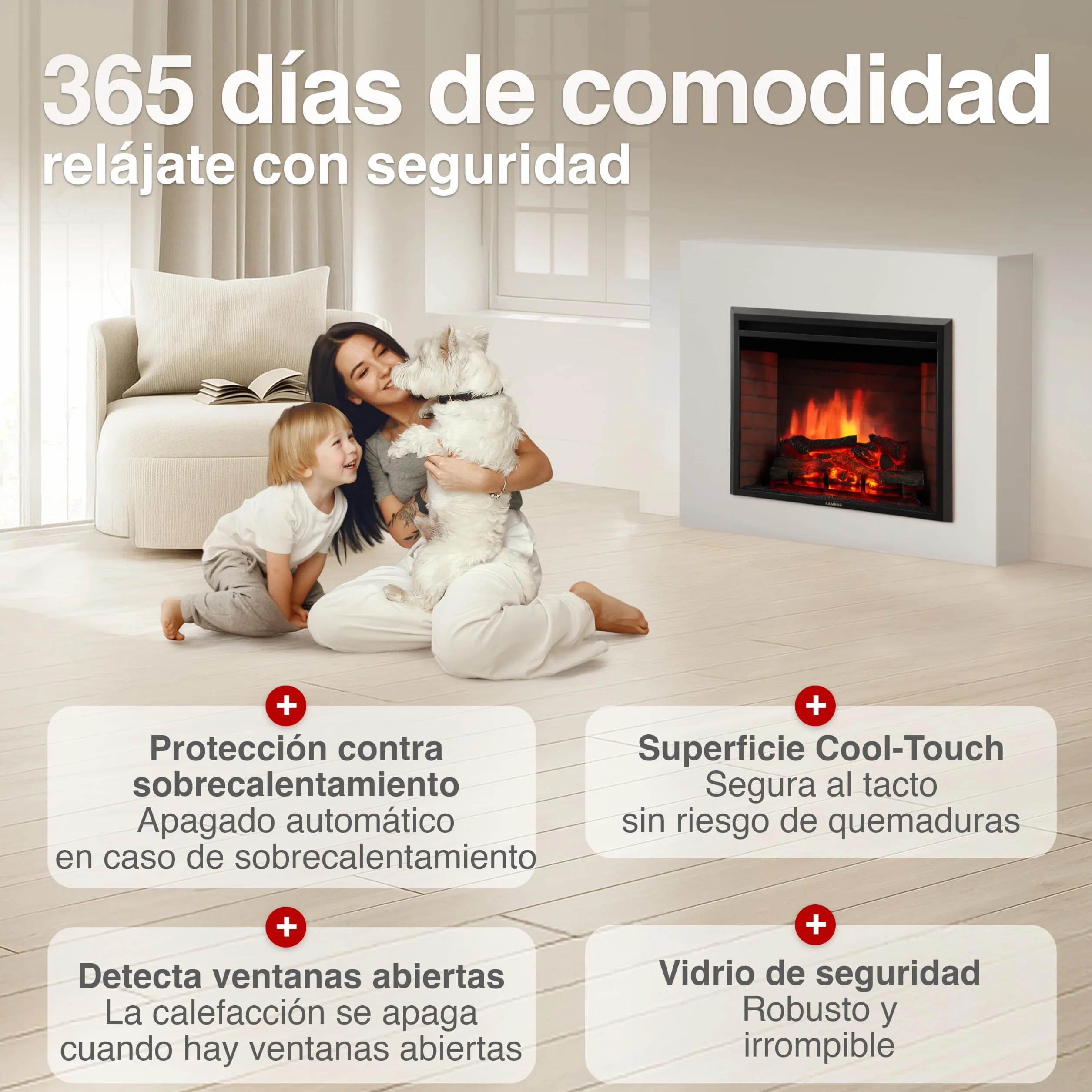 KAMINIO Eléctrica Chimenea Luca - Chimenea empotrada eléctrica con calefacción, Efecto de Llama 3D, 12 Colores de Llama, Control Remoto (30 Pulgada)