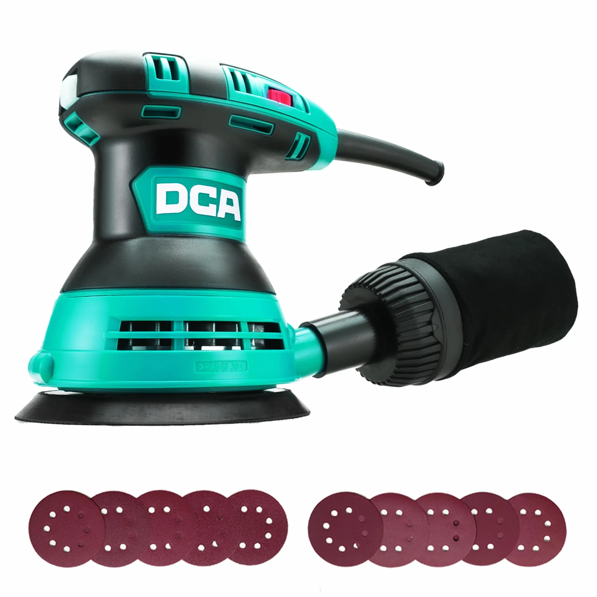 DCA Lijadora Orbital 300W, 6 Velocidades 12000RPM Lijadora Madera, Lijadora Eléctrica con Recogida de Polvo, 10psc 125MM Lija para superficies de madera y acero, lijado y pulido de madera, DIY