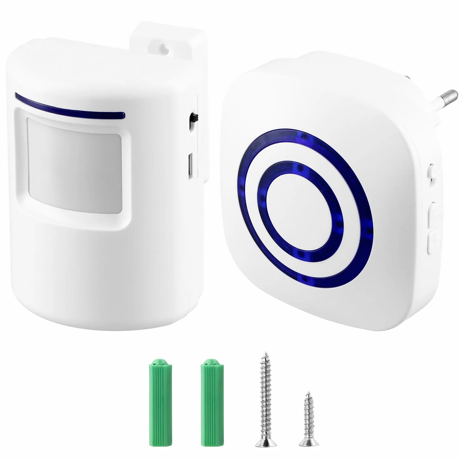 QWORK Detector de Presencia Inalámbrico con Sensor PIR, Timbre con 1 Receptor, 38 Tonos, 3 Niveles de Volumen, Rango 70m