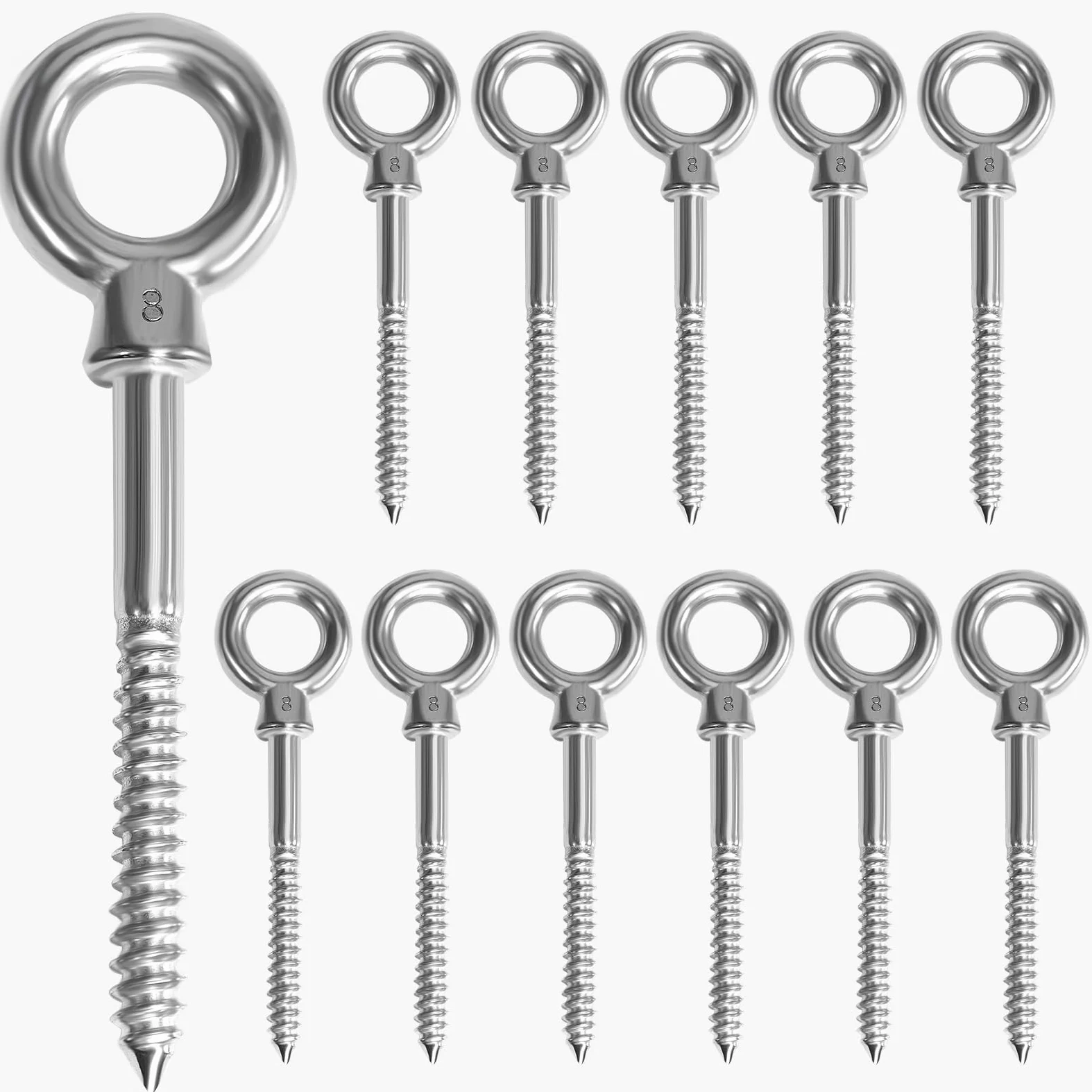 12 uds. pernos de ojo | perno de ojo M8 x 80 mm | perno de ojo de acero inoxidable 304 | perno de ojo M8 | pernos de ojo | Gancho de tornillo M8 con tuerca de anillo puntiaguda