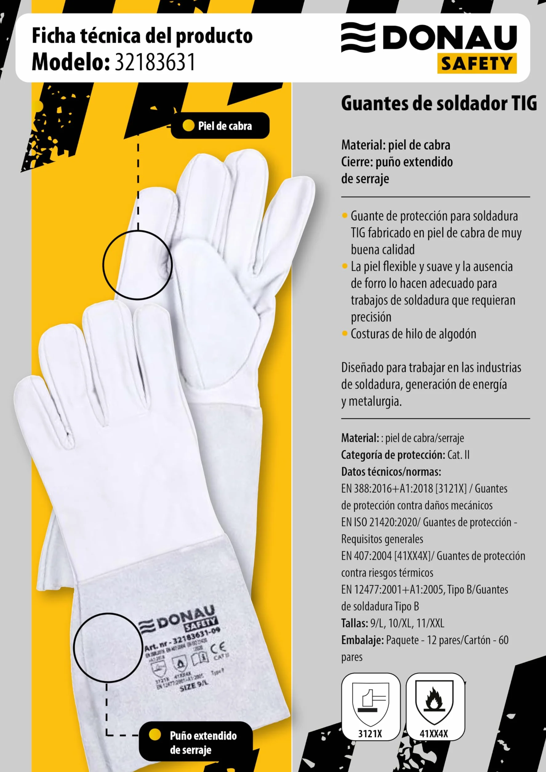DONAU SAFETY Guante de soldador piel de cabra TIG talla 9 1 par