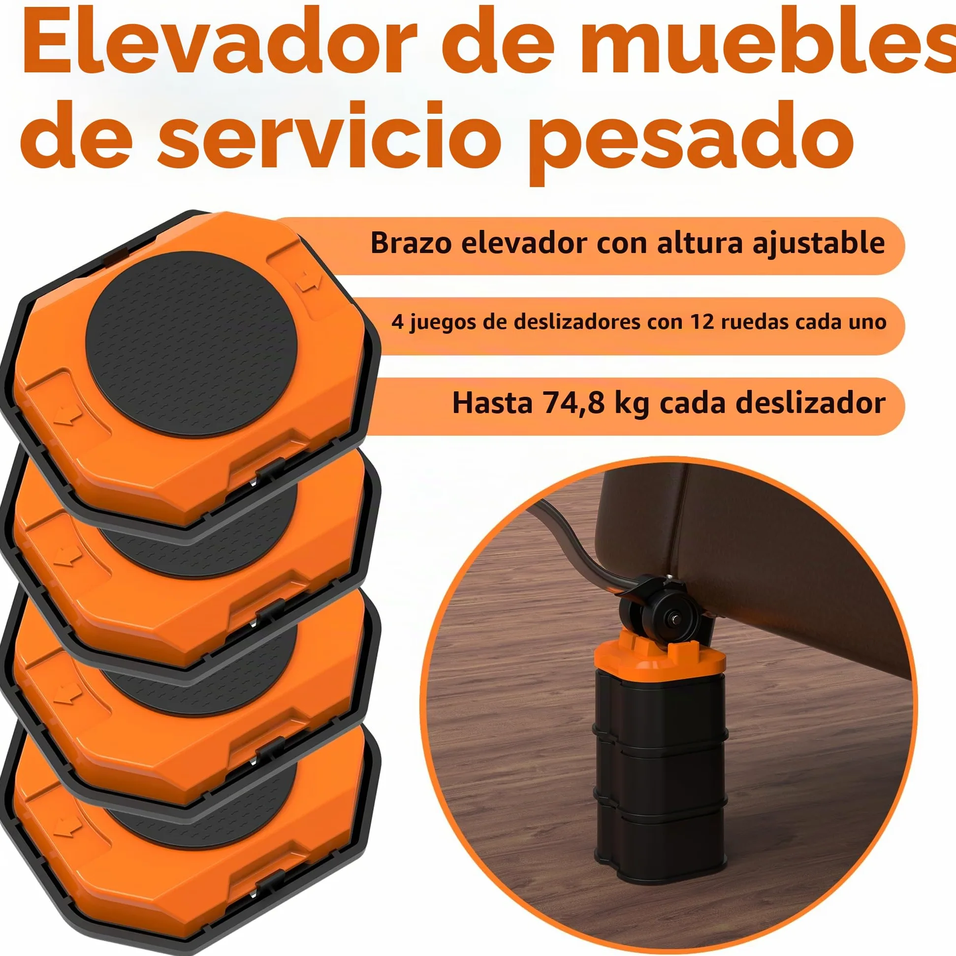 El Innovador Elevador y Deslizador de Muebles para Muebles Pesados, con Control de Altura, Mueve Fácilmente Objetos Pesados en Pisos de Madera y Alfombras (Naranja)
