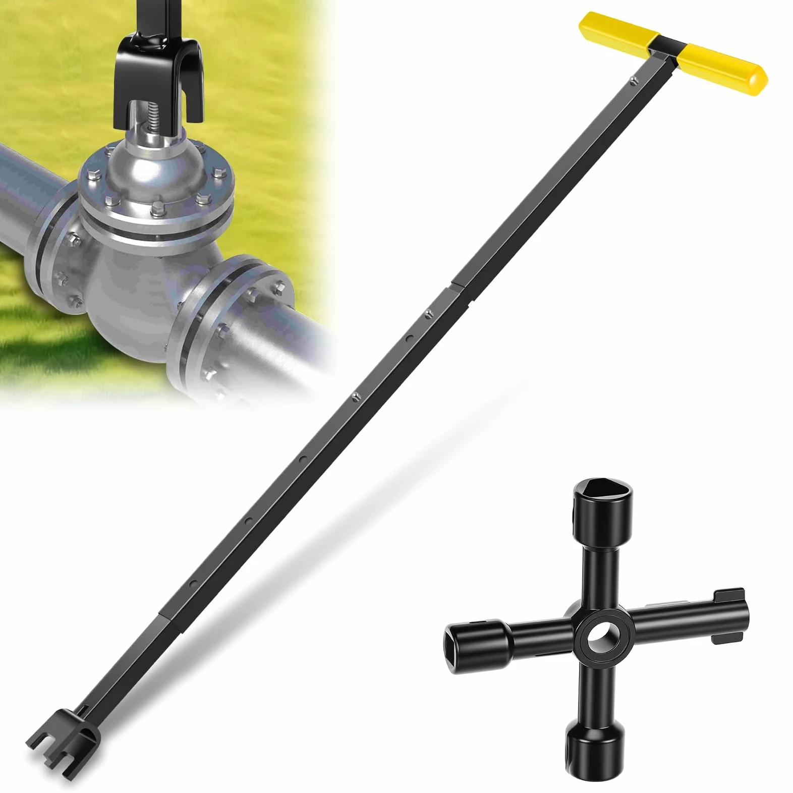 Llave para medidor de agua con herramienta de 4 vías, llave de cierre en T de acero al carbono, 43-94 cm, ajustable en longitud, llave universal para mantenimiento de tuberías de agua y