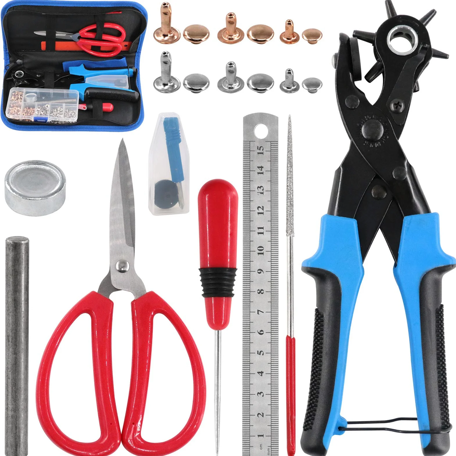 Glarks - Kit con alicates ajustables para perforación delcuero, remaches, tijeras, regla, destornillador y punzón para cinturón, correas de reloj, sillín, zapatos