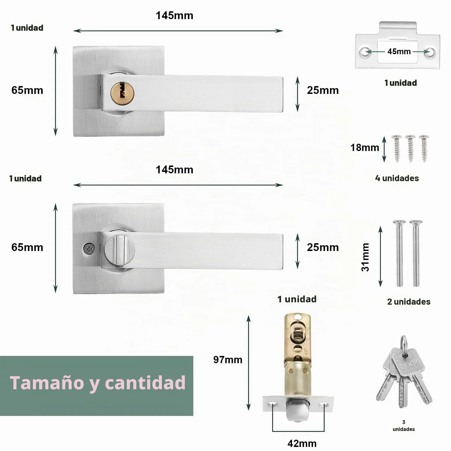 HSEAMALL Tirador de palanca para puerta, tirador de puerta interior con cerradura y llave, puerta de entrada cuadrada para dormitorio oficina mano derecha o izquierda (plata)