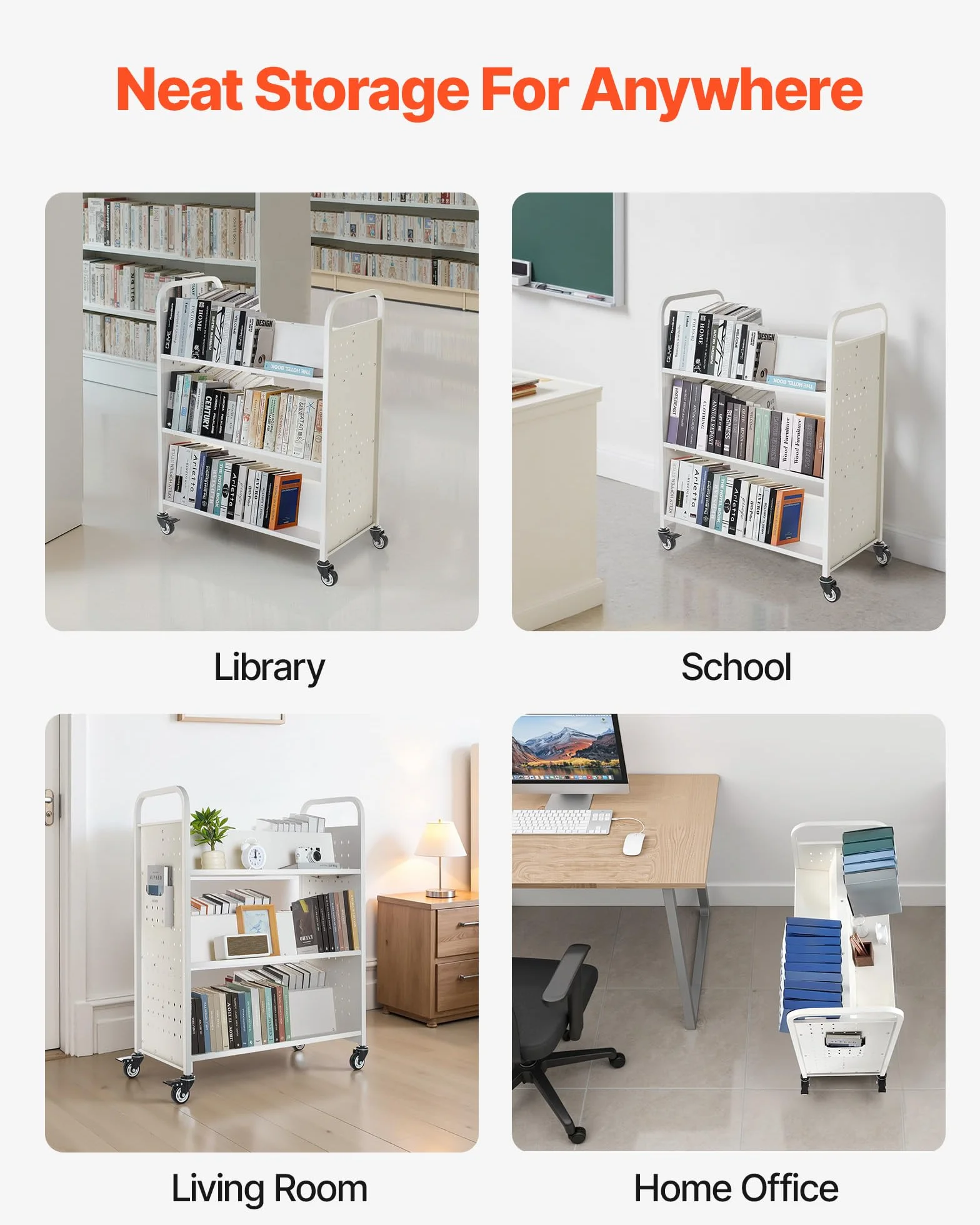 VEVOR Carro para Libros de 3 Niveles Estantería de Libros con Ruedas 97 x 51,5 x 122,5 cm Estante de Almacenamiento en Forma de W Doble Cara Carro Rodante para Biblioteca, Oficina, Escuela, Blanco