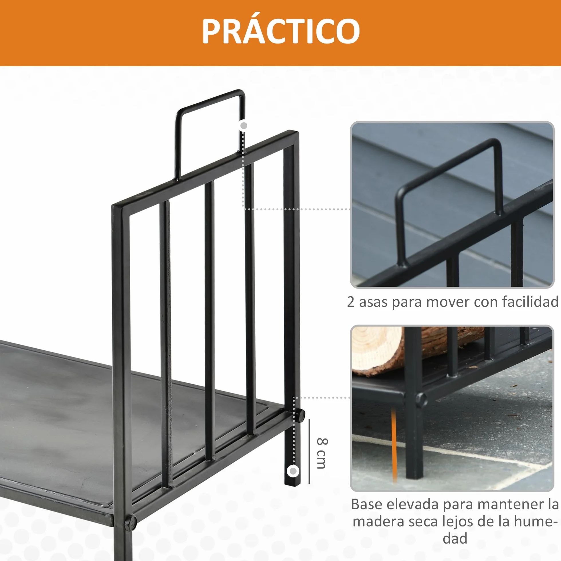 Outsunny Estante de Leña para Chimenea Tradicional Leñero Interior y Exterior Almacenaje para Madera Soporte para Leña con Asas Diseño Elevado 44,5x33x46,5 cm Negro