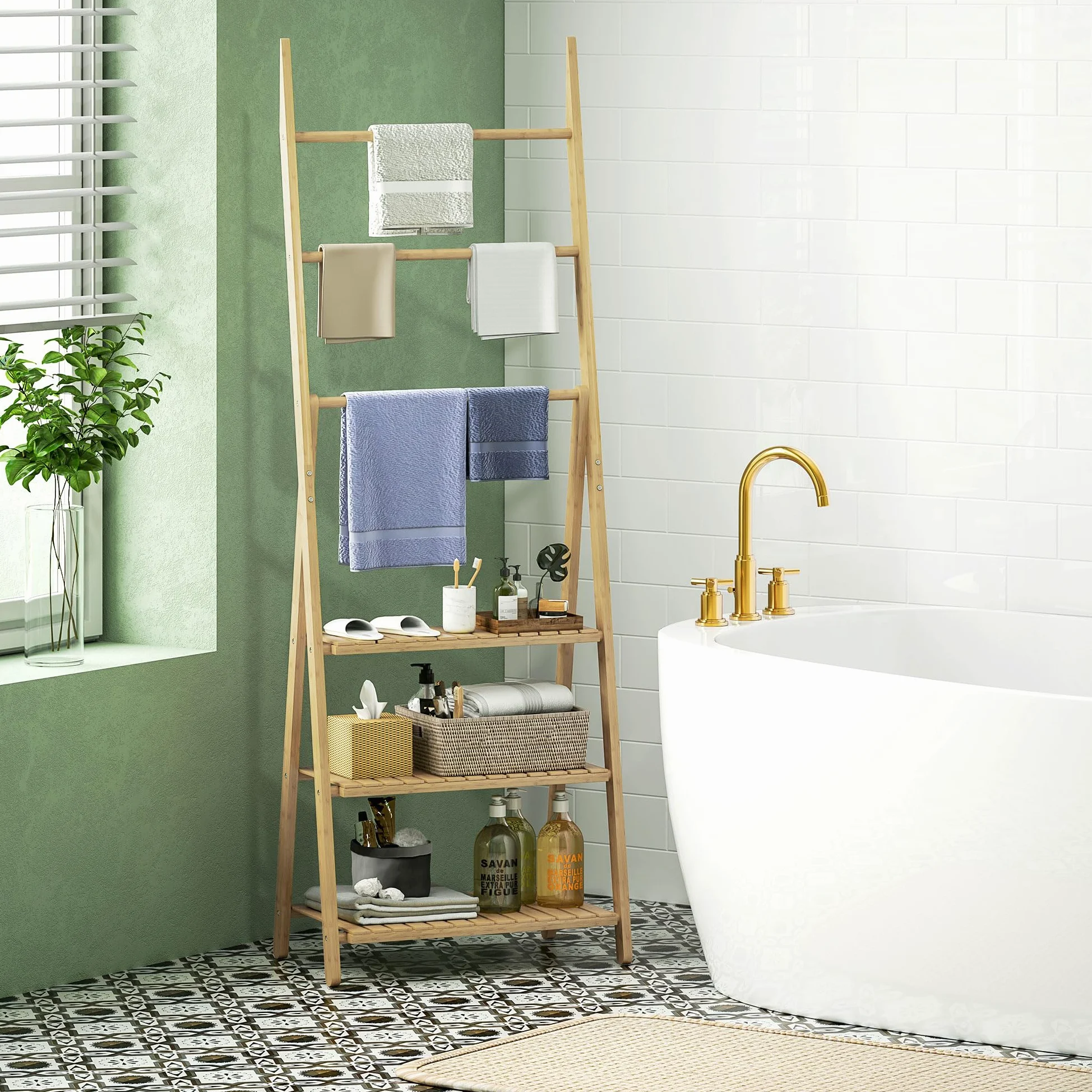 HOMCOM Estantería de Baño de Bambú con 3 Estantes 53,5x30x153 cm Natural | Estantería de Almacenaje, Plegable, con Barras, en Forma de A
