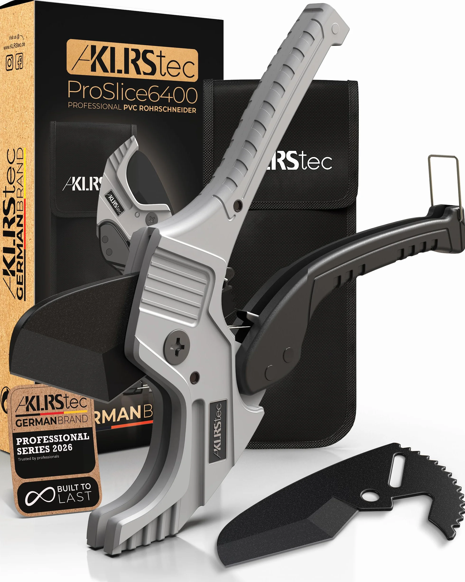 KLRStec Juego de cortador de tubos de PVC profesional ProSlice 6400 (64 mm/2-1/2") Cortador Profesional con Carraca para PVC, PE, PP – Incluye Cuchilla de Repuesto y Funda Nylon con Clip
