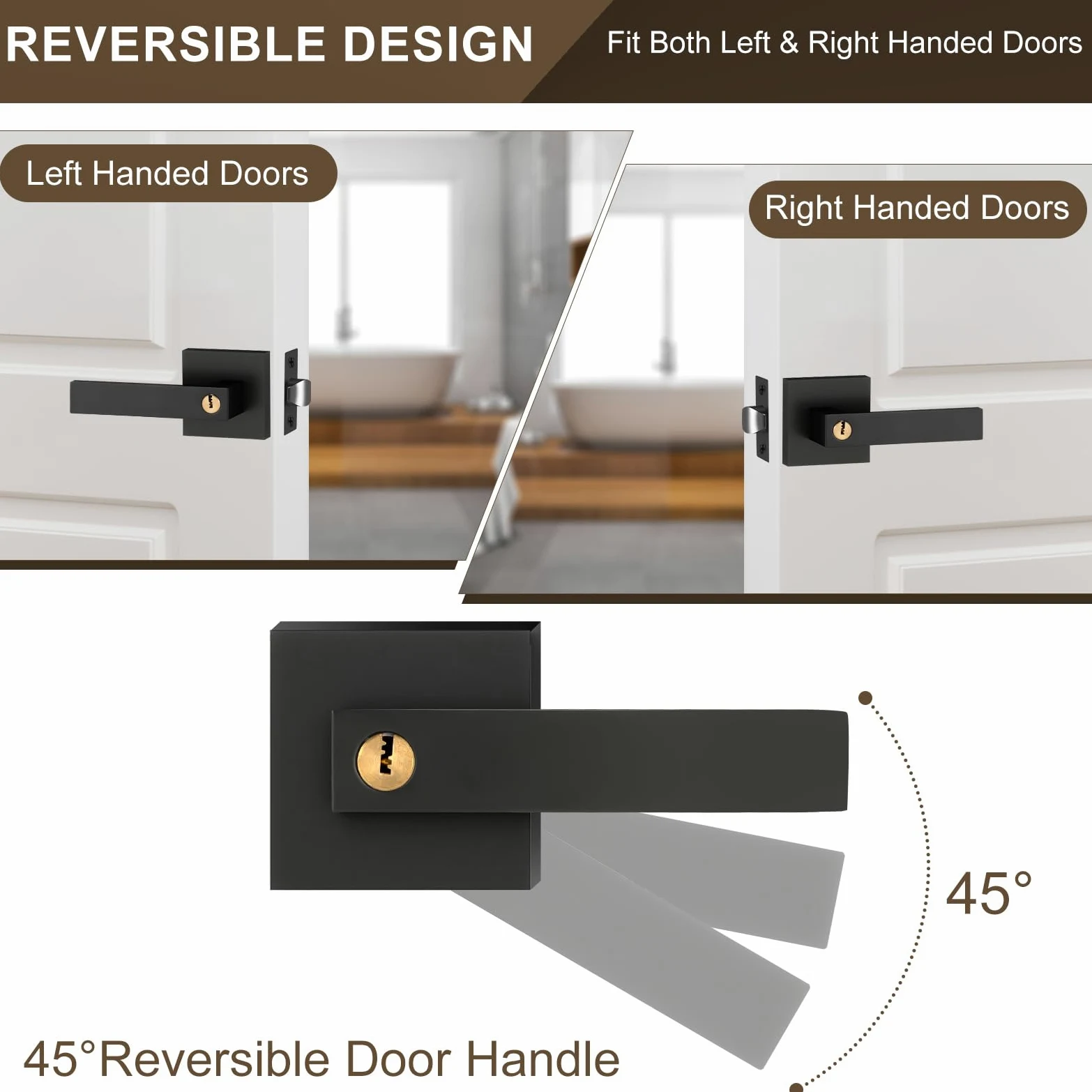 Juego de Manillas para Puerta Manija de Puerta con Cerradura y Llave Maneta Cuadrada Puerta Exterior con Llaves para Dormitorio Negro Reversible para Puertas con Apertura a la Derecha o a la Izquierd