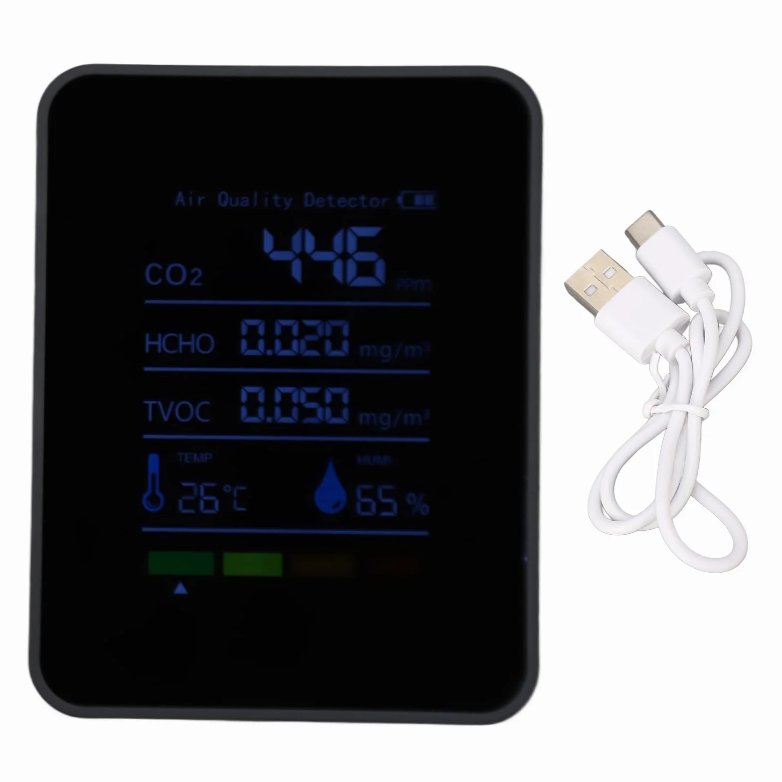 CO2 Monitor de Calidad del Aire Interior HCHO TVOC 5 en 1 con Batería para Viaje Casa y Coche Temp Humi