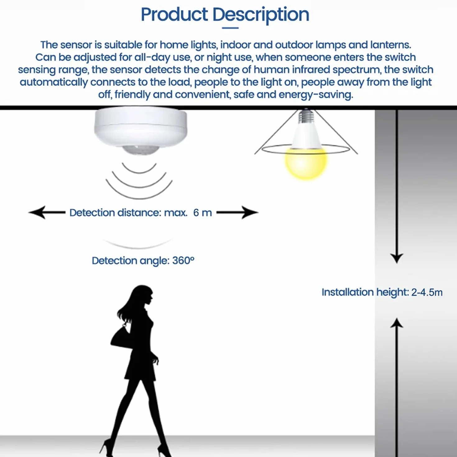 Sensor de Ocupación de Montaje en Techo 220-240V PIR 360° 6m Greluma