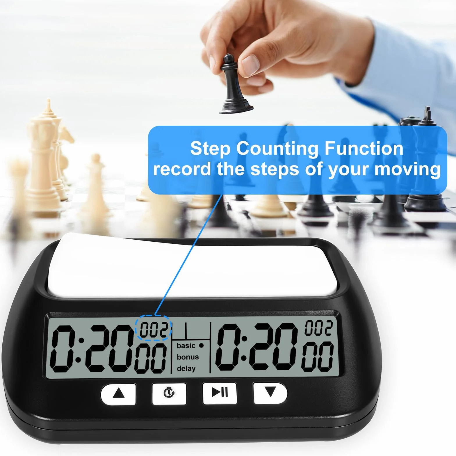 USHOP Reloj de ajedrez Profesional​​,Reloj ajedrez​​ con Digital Multifuncional Pantalla​​ – Cuenta Regresiva/Bono/delay,Control de 4 Botones​​,diseño competitivo​​ para torneos y Juegos de Mesa