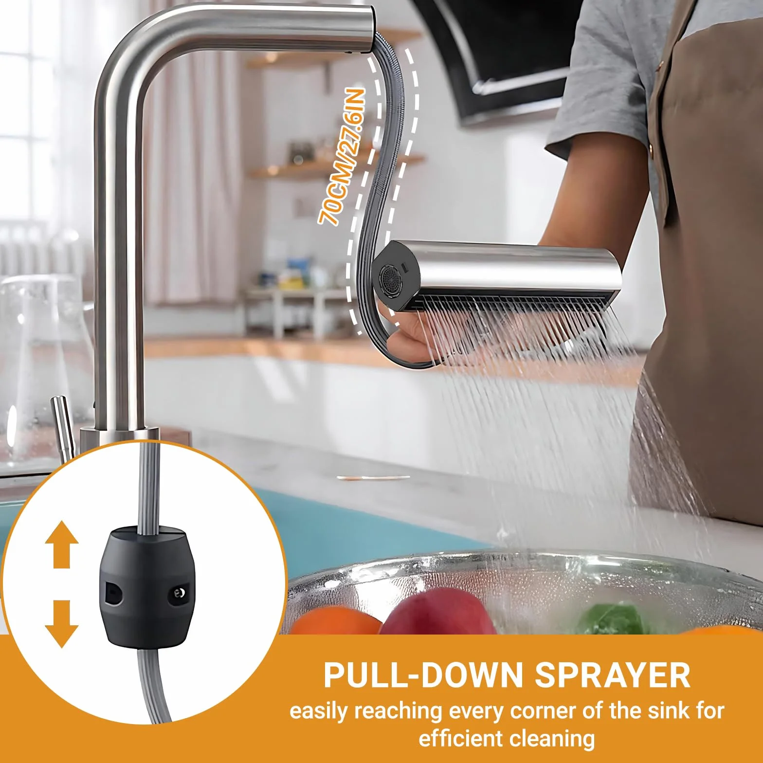 Grifo de Cocina con Cascada, Grifo Giratorio de Acero Inoxidable con 4 Modos de Chorro y Boquilla Extraíble