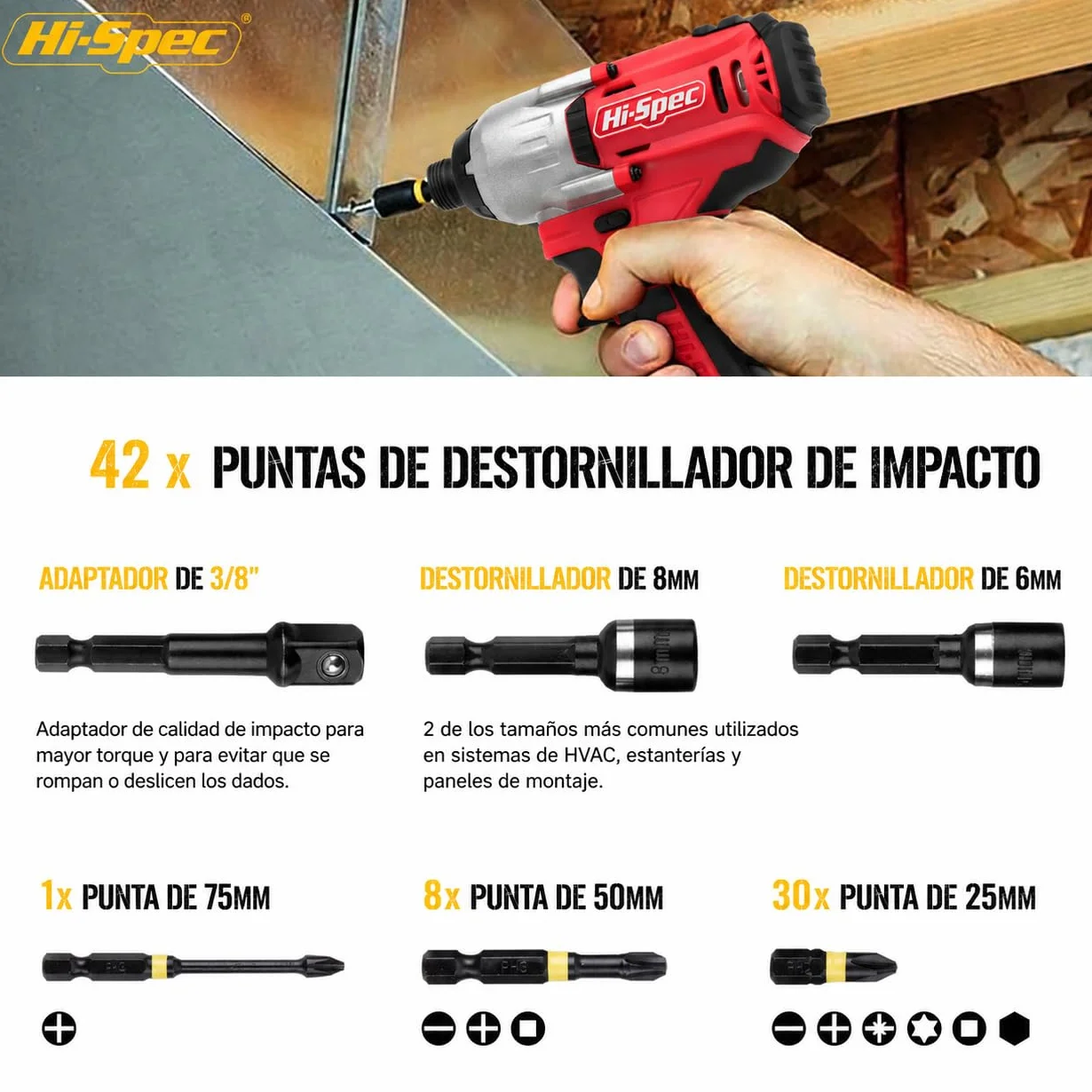 Hi-Spec Juego de Puntas de Impacto para Taladro Destornillador de 44 Piezas. Brocas para Herramientas Eléctrica con Cuerpo Hex con Maletin de Almacenamiento