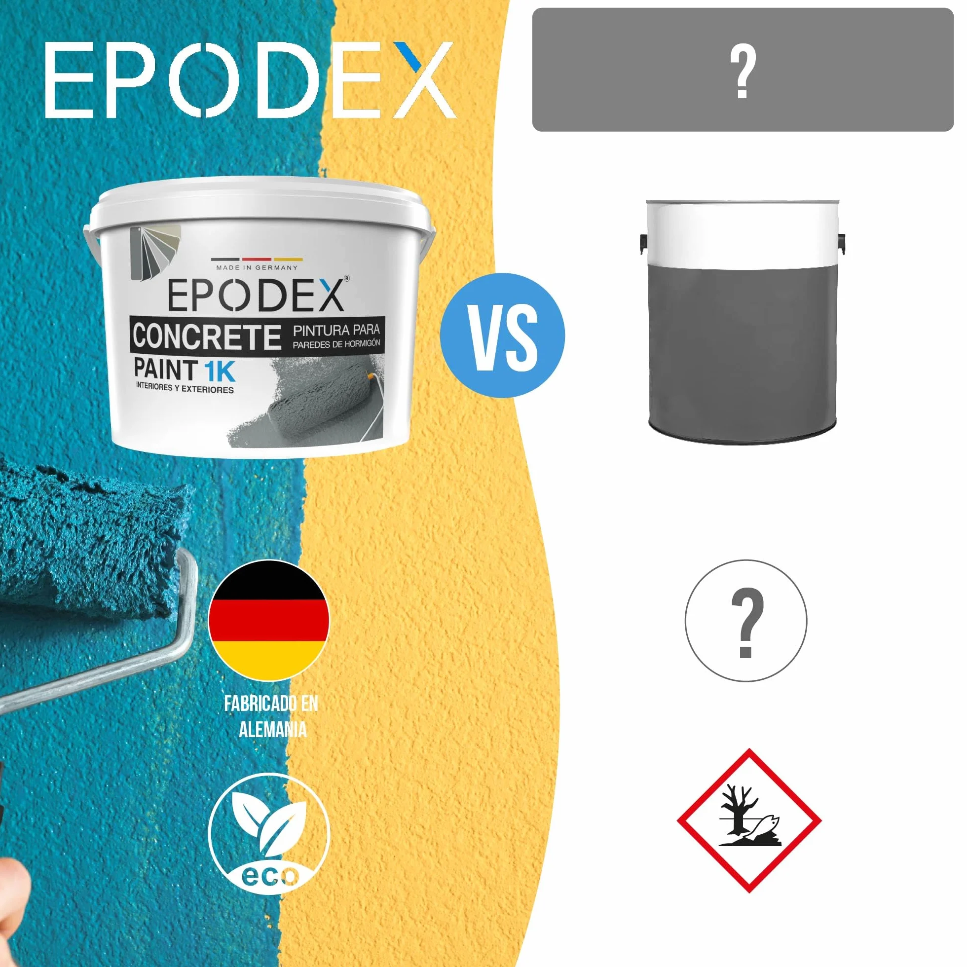 EPODEX Pintura para hormigón 1K, Pintura para paredes y suelos, resistente a rayos UV y abrasión, Interior y exterior sin agua constante, 1kg (8m² por capa) - Blanco polar