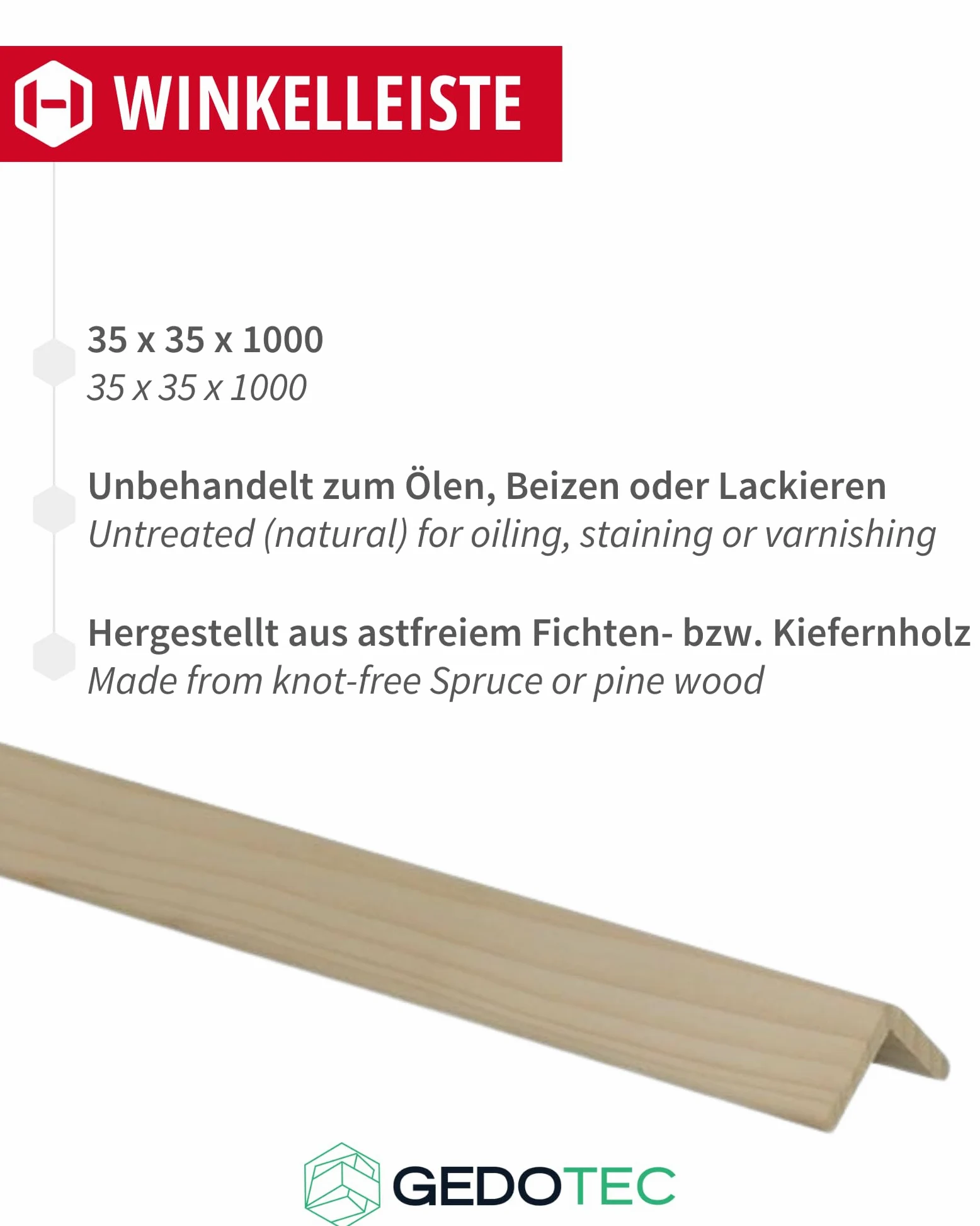 Molduras de madera Gedotec - tablones de madera para la construcción Molduras angulares de madera 100 cm | 5 piezas 35 x 35 mm | BASIC | perfil angular versátil y madera para la elaboración de diver