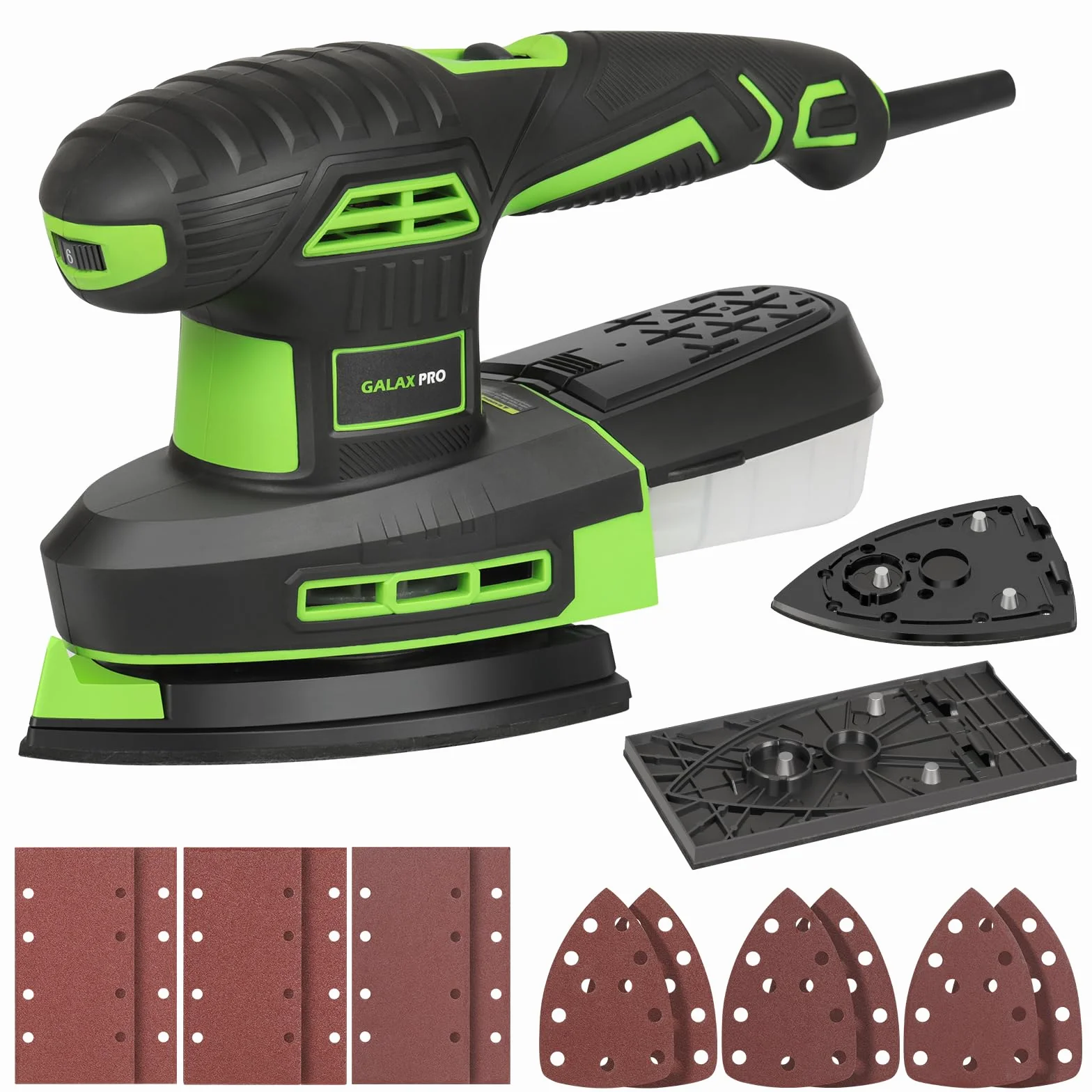 GALAX PRO 250W Lijadora Orbital,2 en 1 6000-12000RPM Lijadora Madera 6 Velocidad Variable,Con 9 Hojas De Papel de Lija,Recogida de Polvo