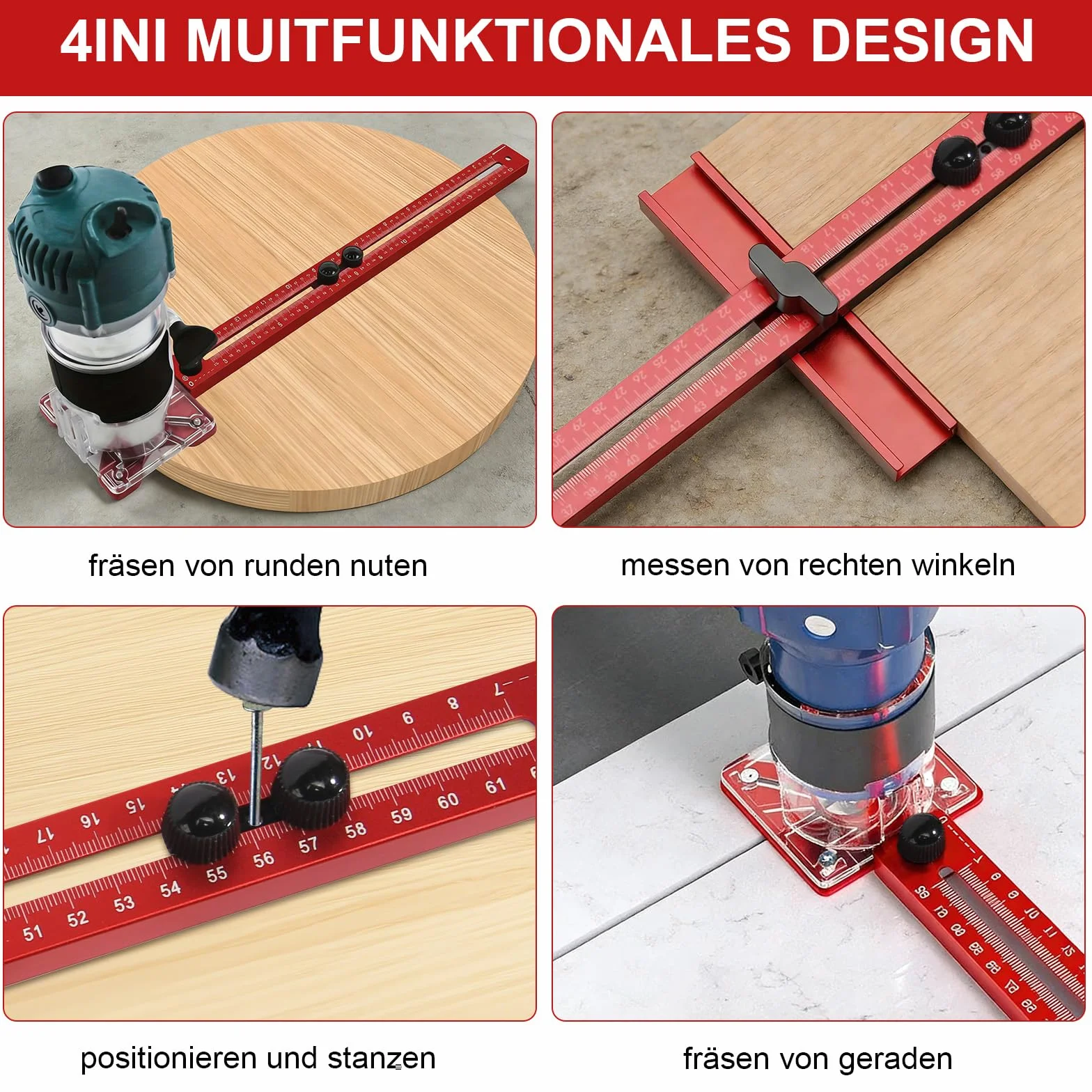 Plantilla de fresado de aluminio ajustable 4 en 1, guía de fresado, compás de fresado, radio de 90 mm hasta 370 mm, plantilla de fresado multifuncional para carpintería DIY