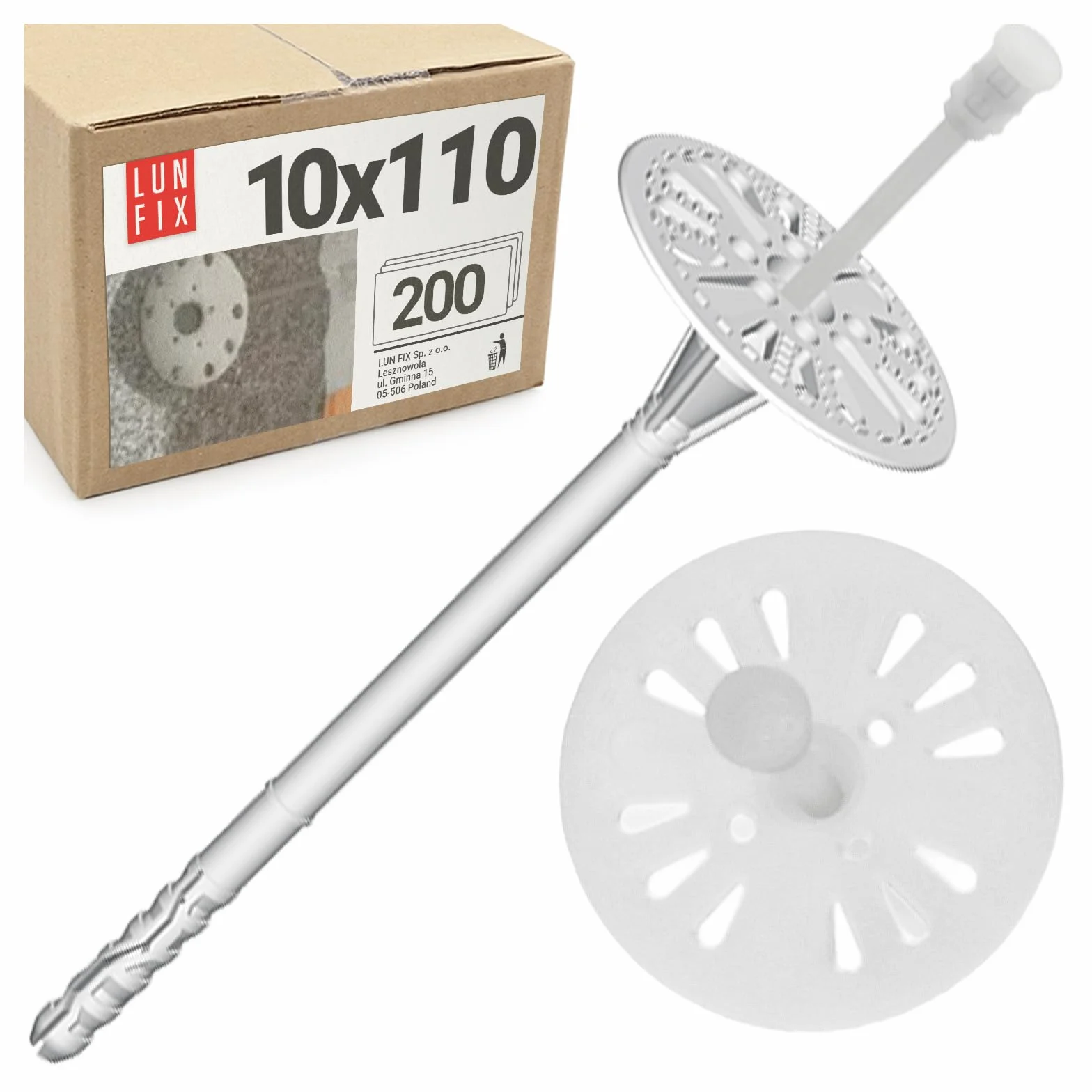 Taco Aislamiento 10x120 mm WDVS, fijación Universal fachada EPS Styropor, Taco plástico con Plato, Clavo Nylon, Anclaje Paneles aislantes Exterior, 200 uds, Lun Fix