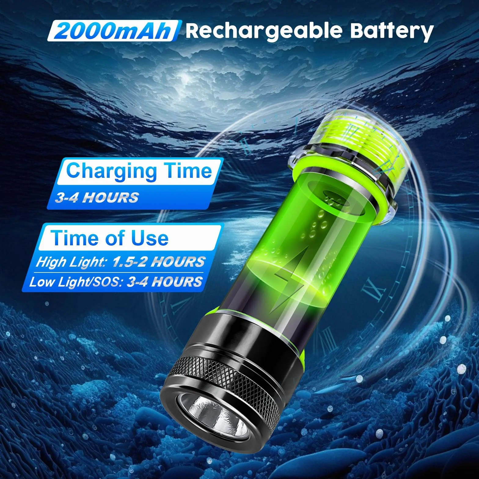 LED Linterna de Buceo, 1500 lúmenes luz LED de Buceo Recargable, IPX8 Impermeable, Sumergible hasta 80 Metros a Prueba de Agua, 3 Modos para Natación, Senderismo de Noche, Pesca, Acampada