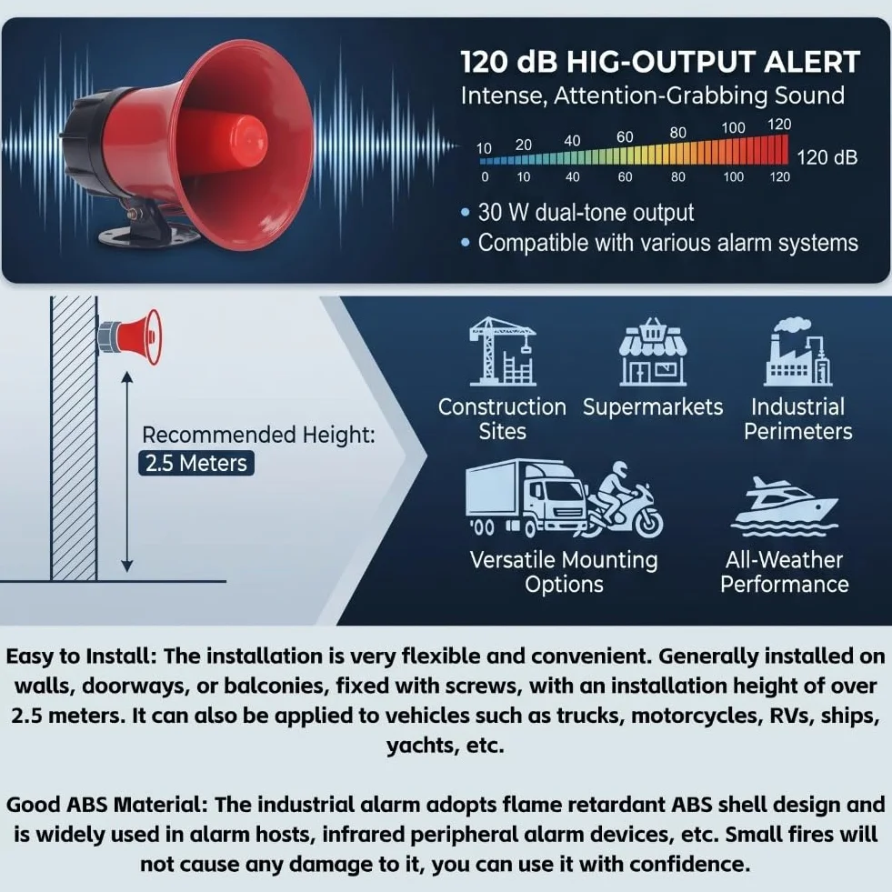 Bocina de Sirena de Alarma Industrial, Bocina de Seguridad, Sirena, Material ABS, 120dB, 30W, Bocina de Advertencia de Emergencia para Interiores y Exteriores (AC220V), SPACNANARD8K4FG1HN-13