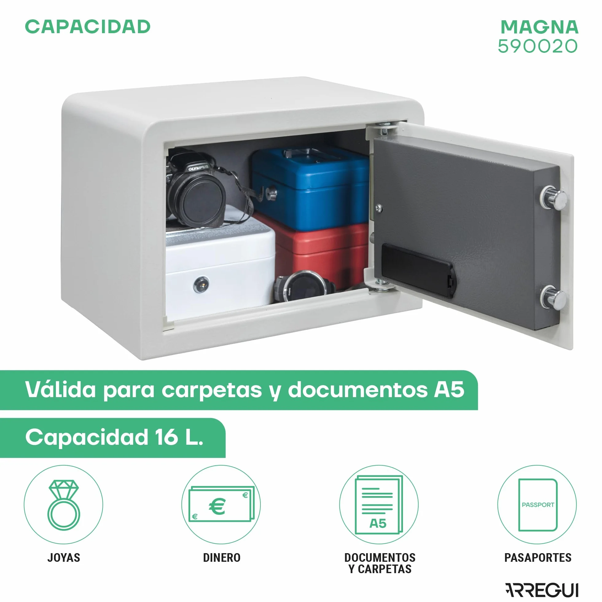 ARREGUI Magna 590020 Caja Fuerte Doble Seguridad Cerradura Código Llave 25x35x25 cm 16 L