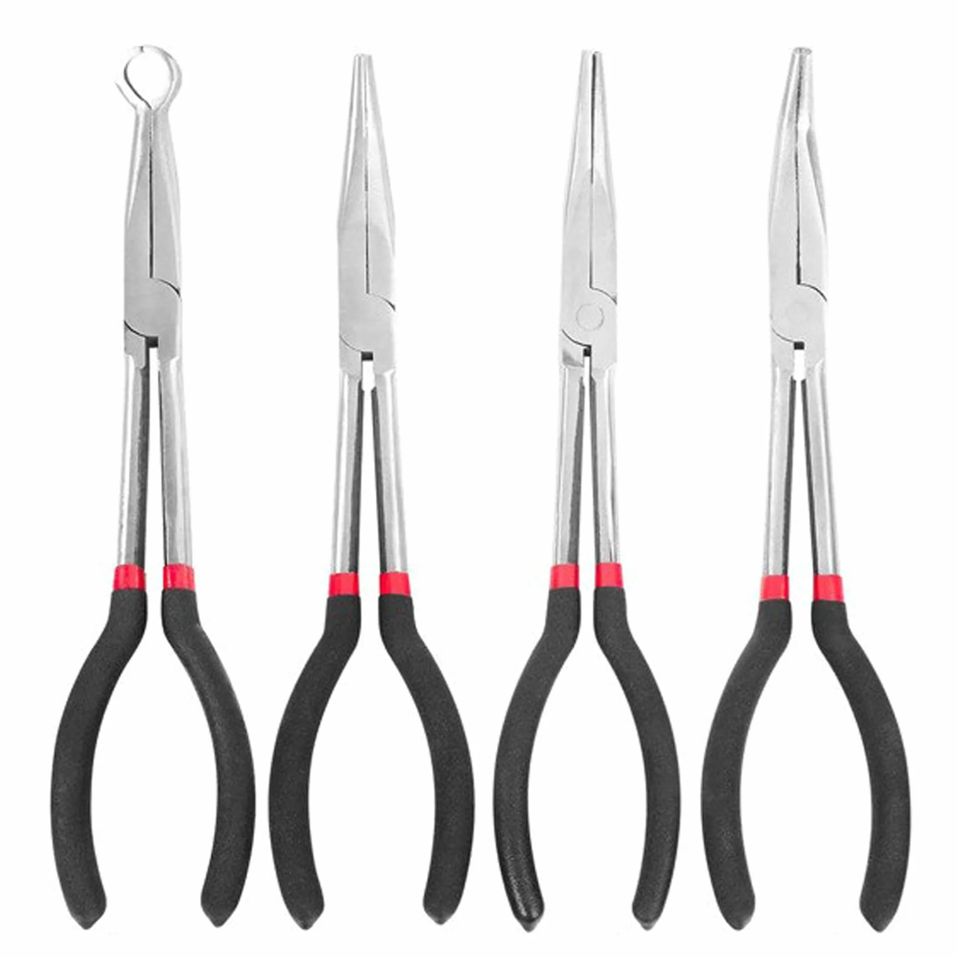 4 alicates de punta larga de 280 mm. Incluye alicates rectos de 45 grados, 90 grados y tipo O para doblar alambre, dar forma y hacer joyas.