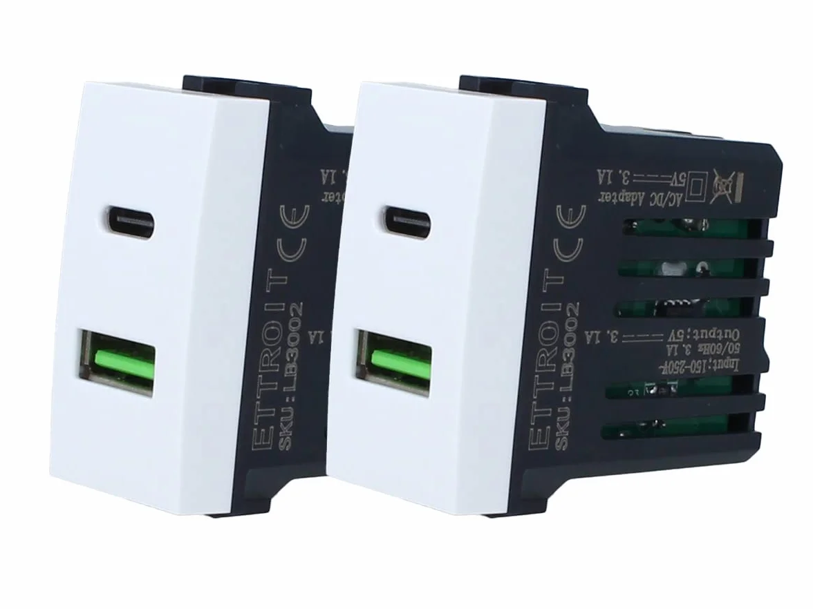 2 unidades toma USB C + USB A, compatible con Bticino Living Light (blanco)