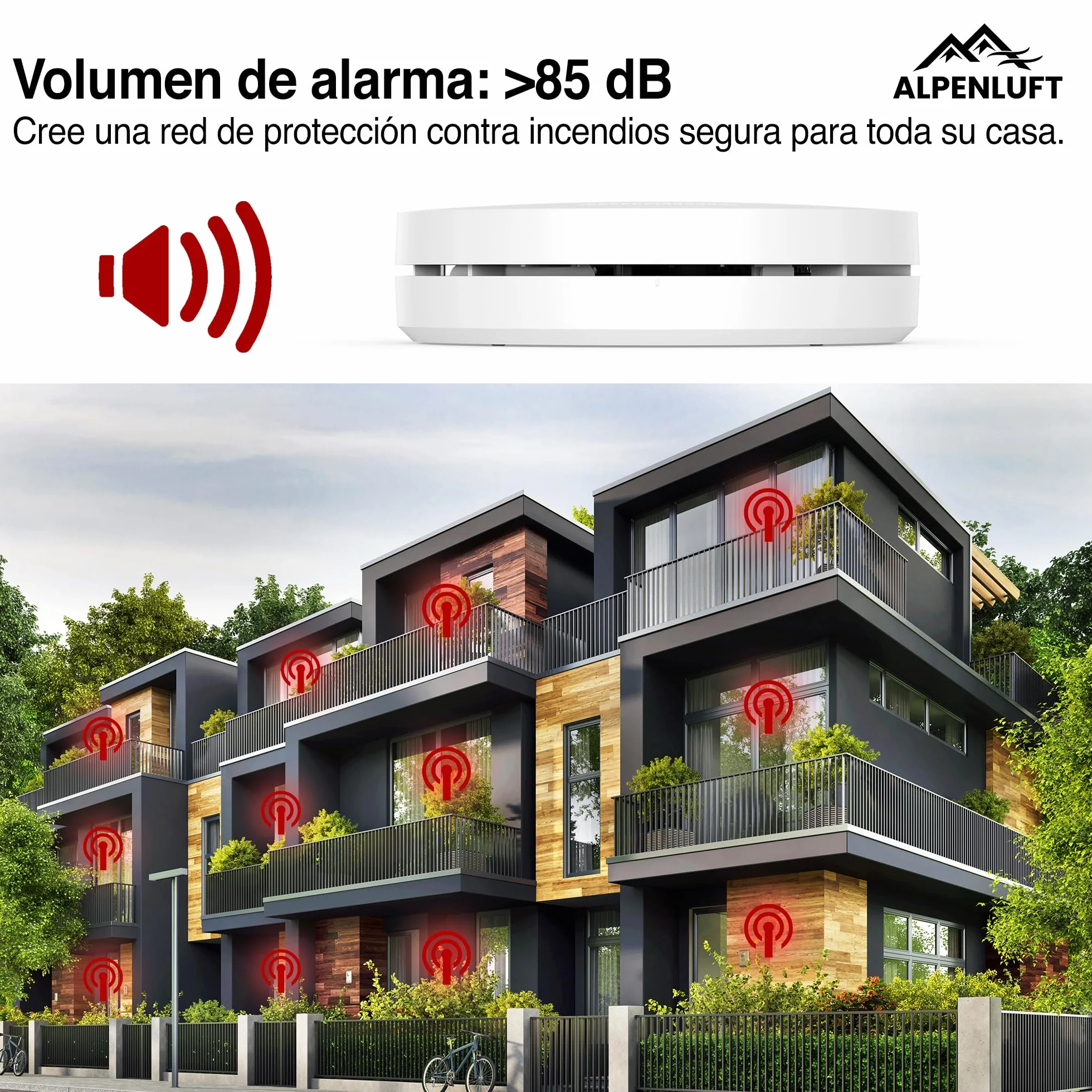 ALPENLUFT Detector de Humo 10 años de batería, Sin perforación, para hogar