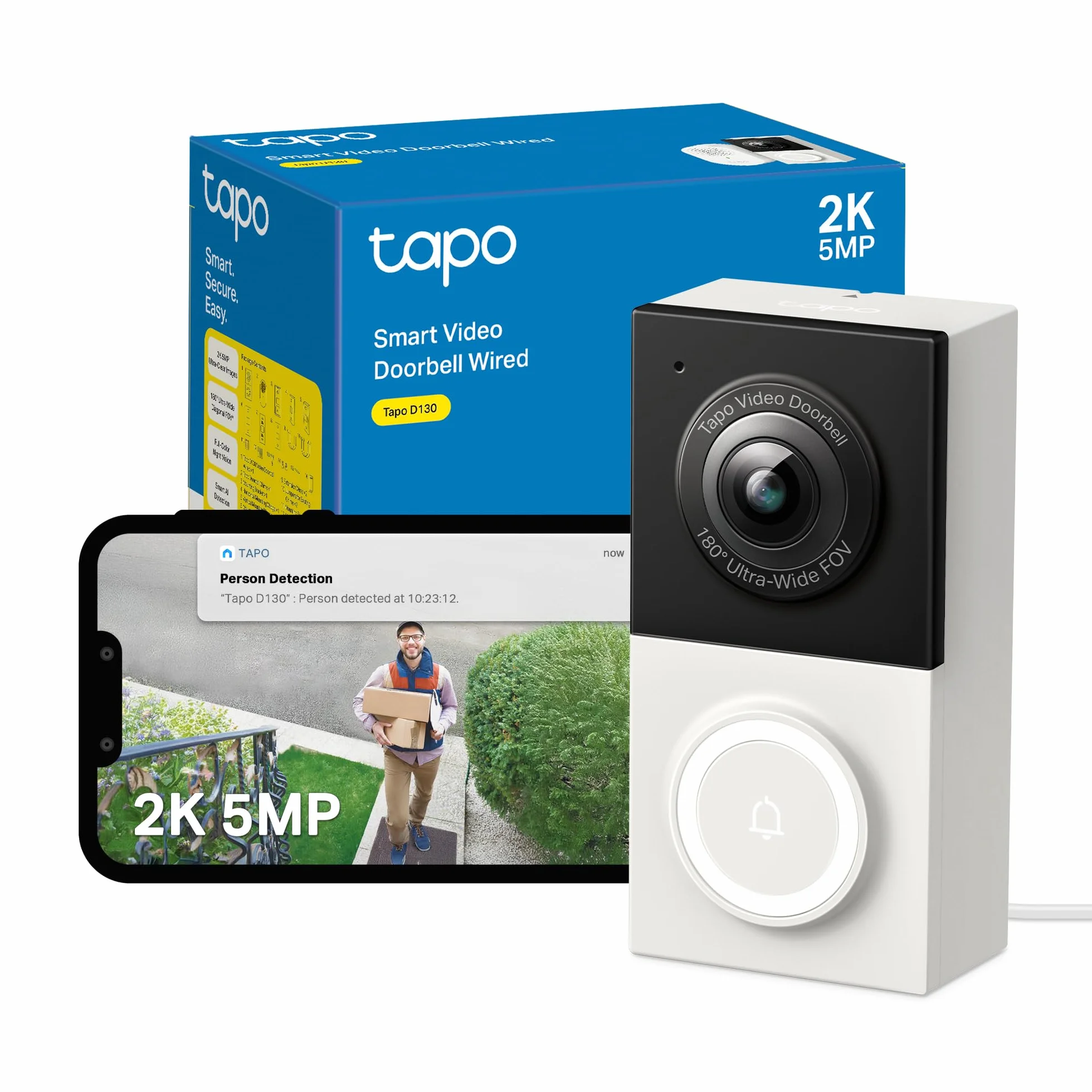 Tapo Timbre D130 2K 5MP con Cable, detección de IA, Vista de Cabeza a pies de 180°, Timbre de Video, sin Tarifa mensual, Audio de 2 vías, visión Nocturna a Color IP65, Timbre de Anillo Incluido
