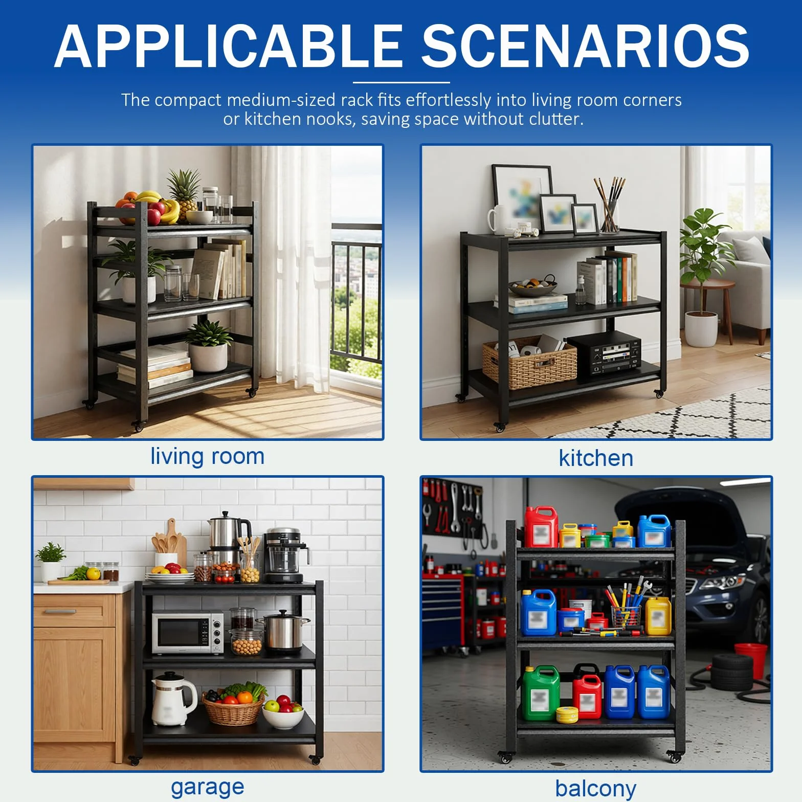 3/5 Estantería Metálica de Almacenaje Industrial,Estantería Pesada Negra para Garaje,Estante con Ruedas Altura Regulable,Estante para Neumáticos,Almacén & Cocina(Size:80x40x80cm)