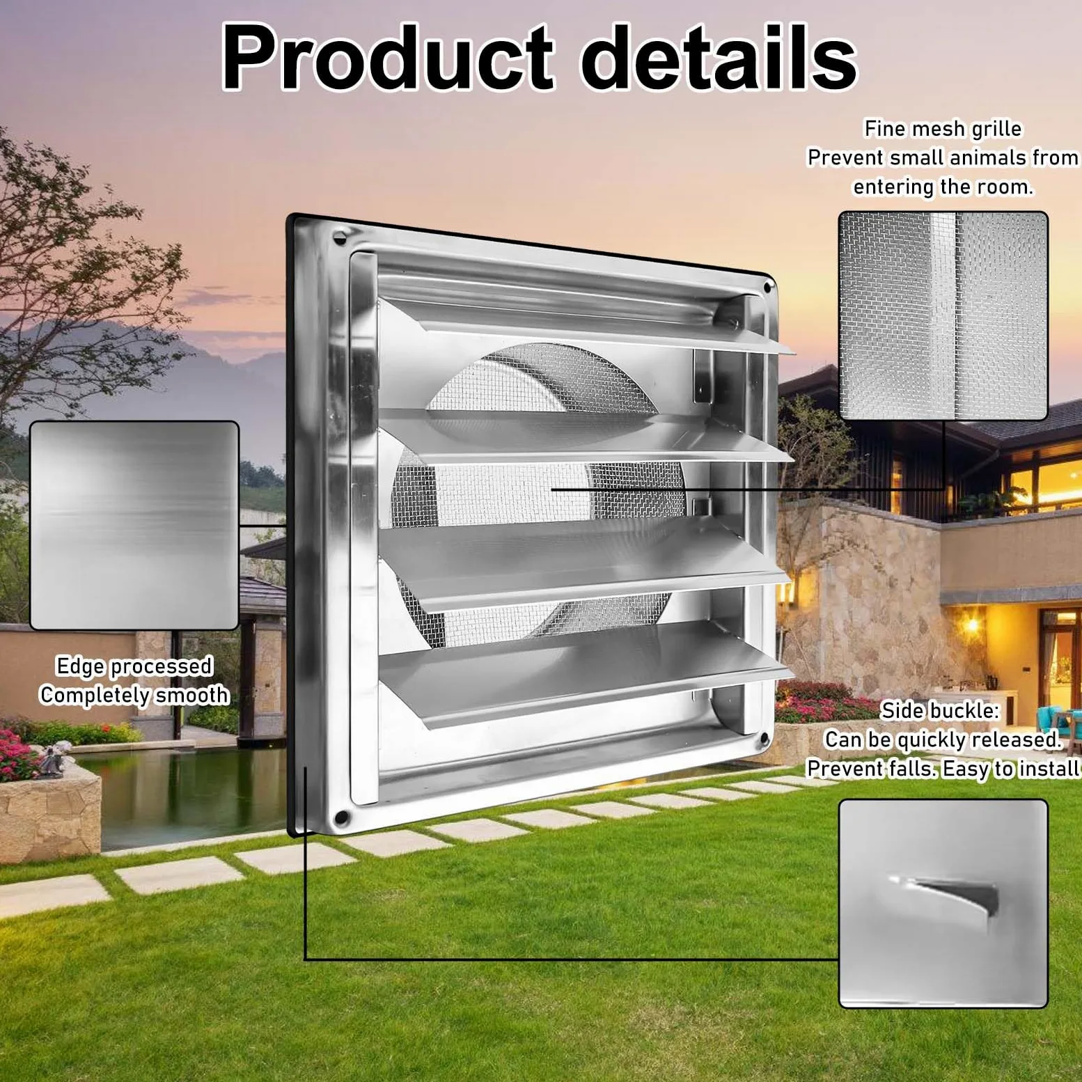 Rejilla de ventilación de acero inoxidable de 125 mm: válvula antirretorno, rejilla de protección contra la intemperie con rejilla de protección contra insectos, rejilla de láminas para tubo de
