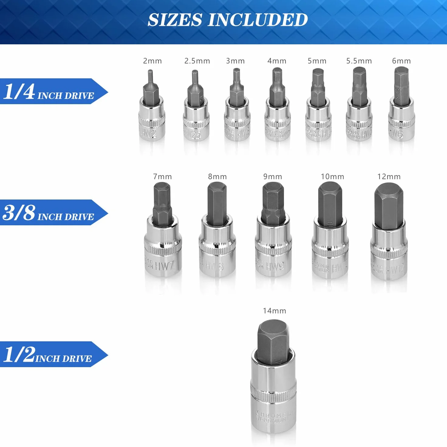 Juego de Llaves de Vaso Hexagonales,13pcs Llaves de Vaso en acero de aleación S2, Llave Allen Puntas Hexagonales, con Adaptadores de Vaso 1/2" 3/8" 1/4", para llave Dinamométrica y Talatro