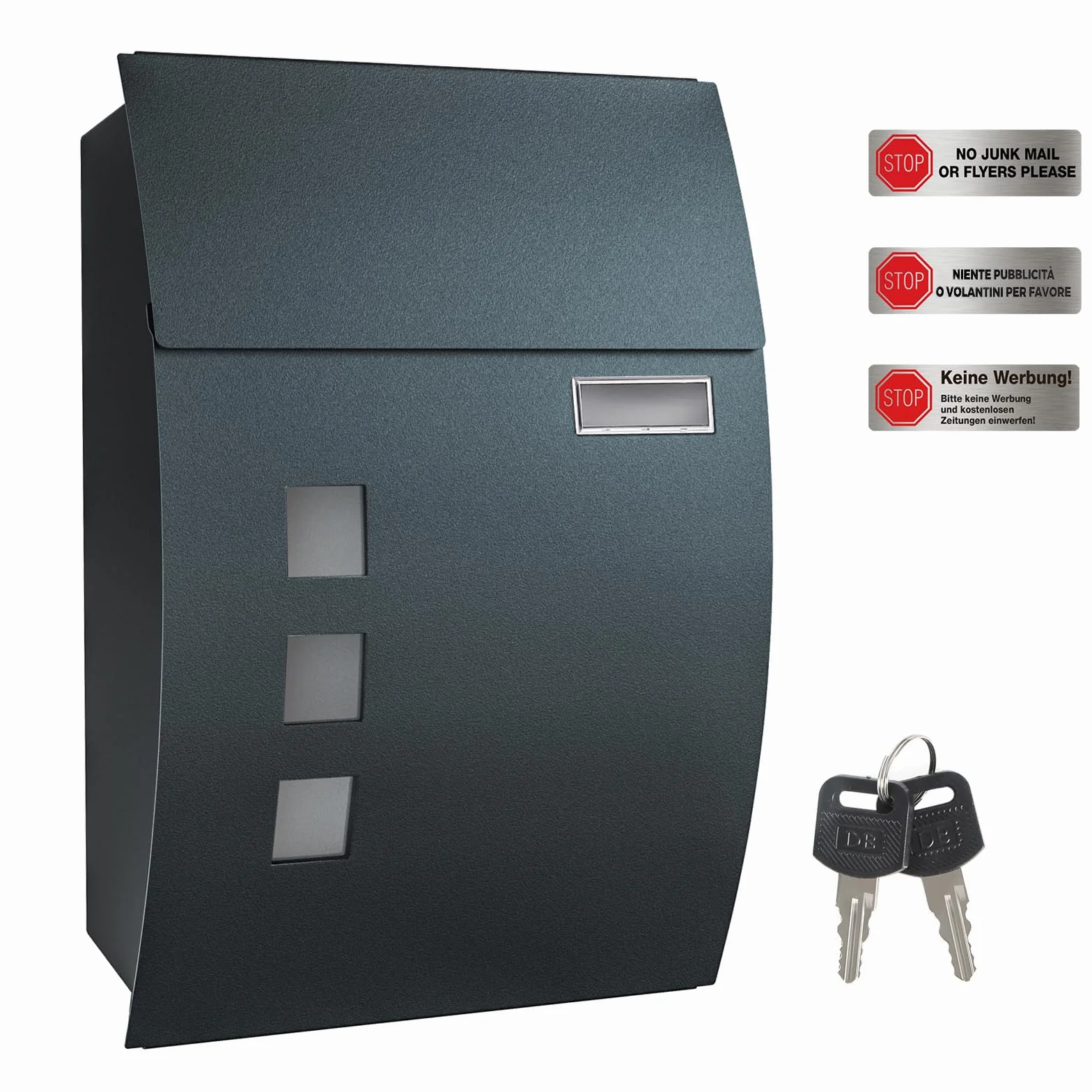 SONGMICS Buzón de Pared, con Ventanas de visualización, Ranura para Nombre, 2 Llaves, fácil de Instalar, Gris Antracita GMB030G02