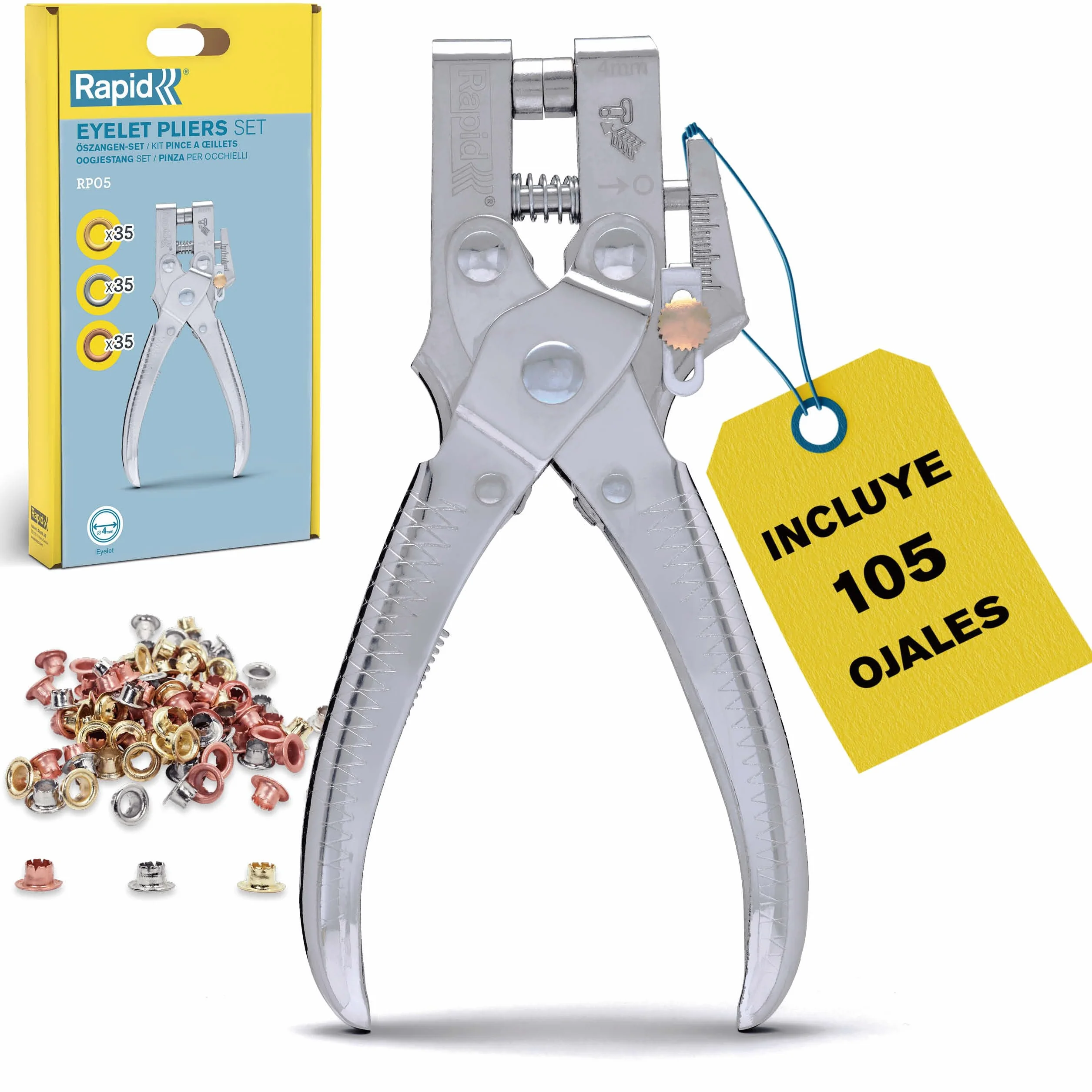 Rapid RP05 Tenaza para ojales con perforador integrado y 105 ojales de 4mm para cuero, lona, zapatos; Fabricada en metal resistente (5001723)