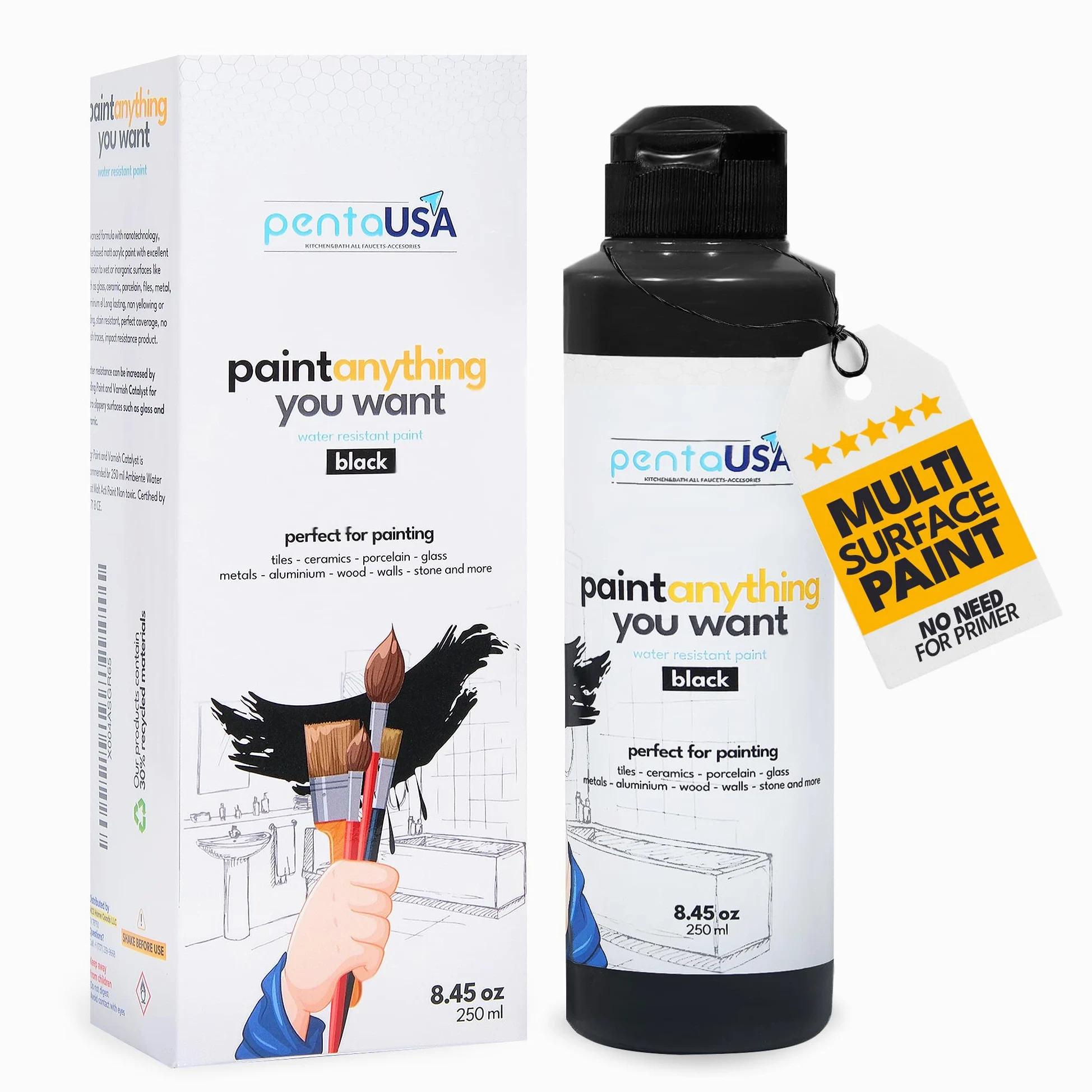 Pintura Multisuperficie - Pintura Impermeable Multiusos para Baño, Bañera, Azulejos, Lavabo, Muebles de Cocina, Encimeras, Madera, Mobiliario - Mate, 250ml (Negro)
