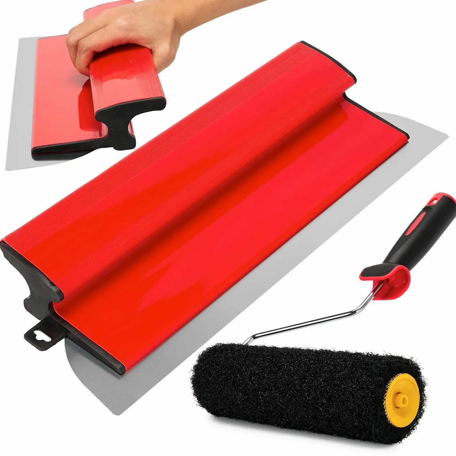 Espátula de superficie de 40 cm/16 pulgadas con rodillo de 23 cm, rodillo para masilla, hoja de acero inoxidable, espátula + rodillo de revestimiento, herramienta para gran área de trabajo, decoración