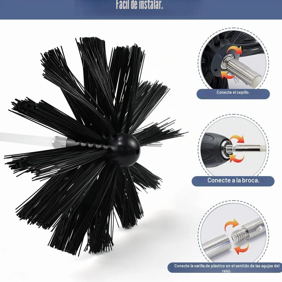Kit de Deshollinamiento Limpieza de Chimenea,con 9 Varillas de 410mm, 2 Cepillos de 150mm, 1 Cepillo con Mango de Madera,1 Cepillo Largo, 1 Cinta Adhesiva, 2 Cabeza Hexagonal y 1 Bolsa de Tela