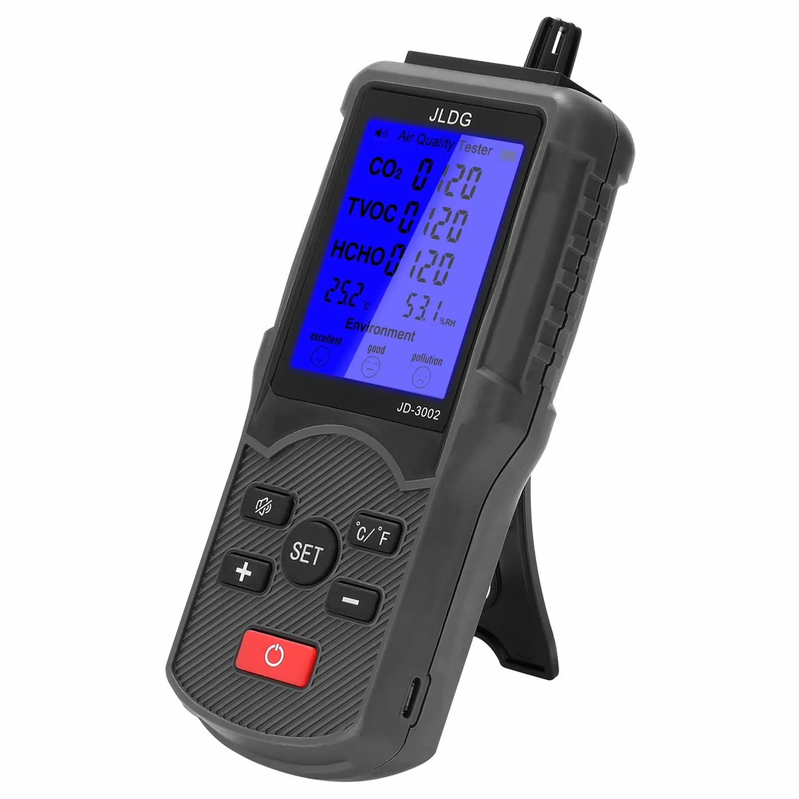 Hancaner Medidor de co2 Homologado 5 en 1 Medidor de Calidad del Aire TVOC HCHO Temperatura y Humedad Detector de CO2 con Pantalla LCD + 1 * 1800 mAh Batería de Litio + Cable USB +Caja de Embalaje