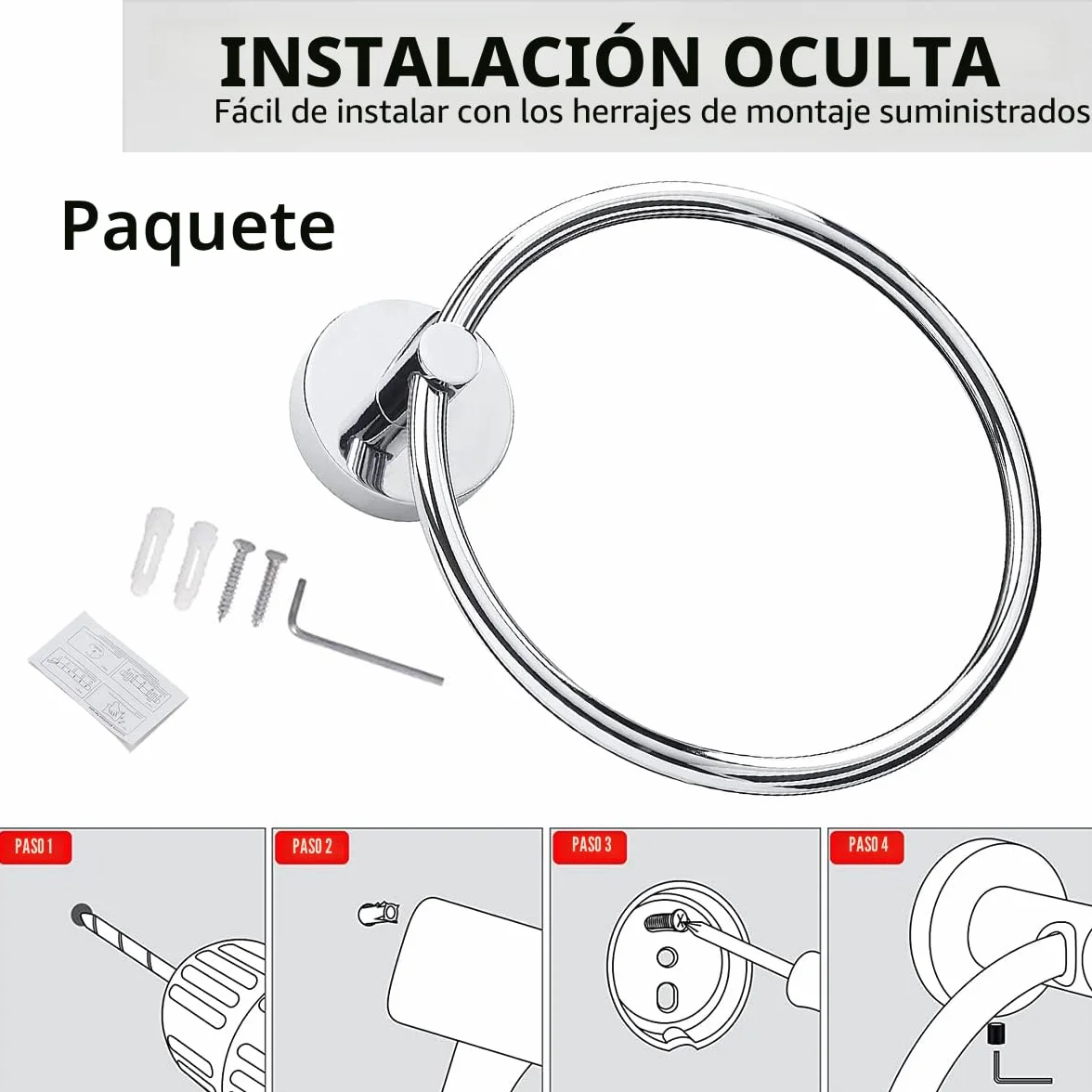 Toallero de pared acero inoxidable 304 cromado anillo toalla redondo baño cocina acabado cepillado