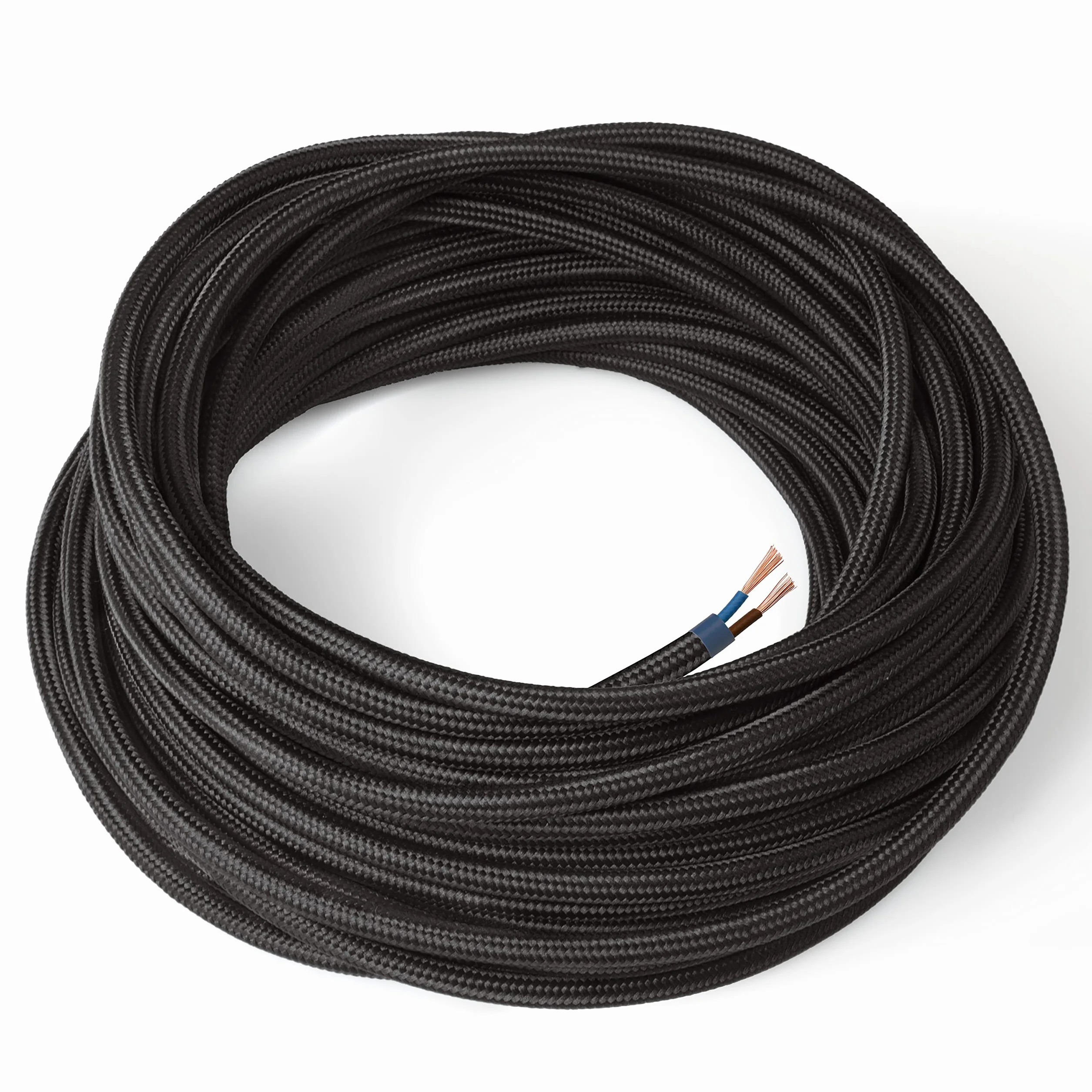 Amarcords - Cable de tela color NEGRO, redondo, seda, 10 metros, con 2 conductores 2x0,75 - Hilo eléctrico textil de color estilo clásico para lámparas bricolaje y iluminación vintage.
