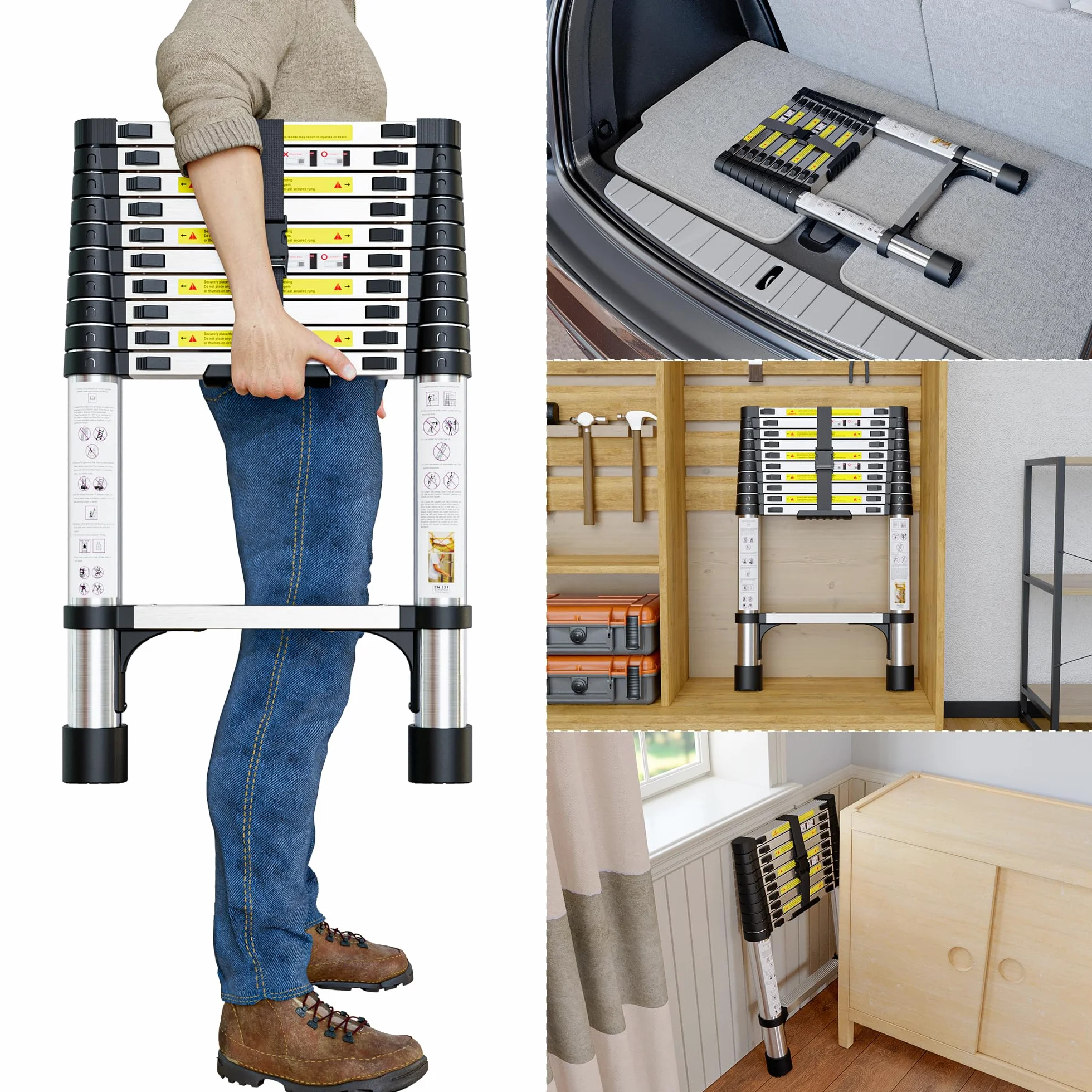 Escalera telescópica de Acero Inoxidable, 3,8m Escalera Extensible Portátil con Patas Antideslizantes, Ideal para áticos, techos, autocaravanas, decoración y Mantenimiento
