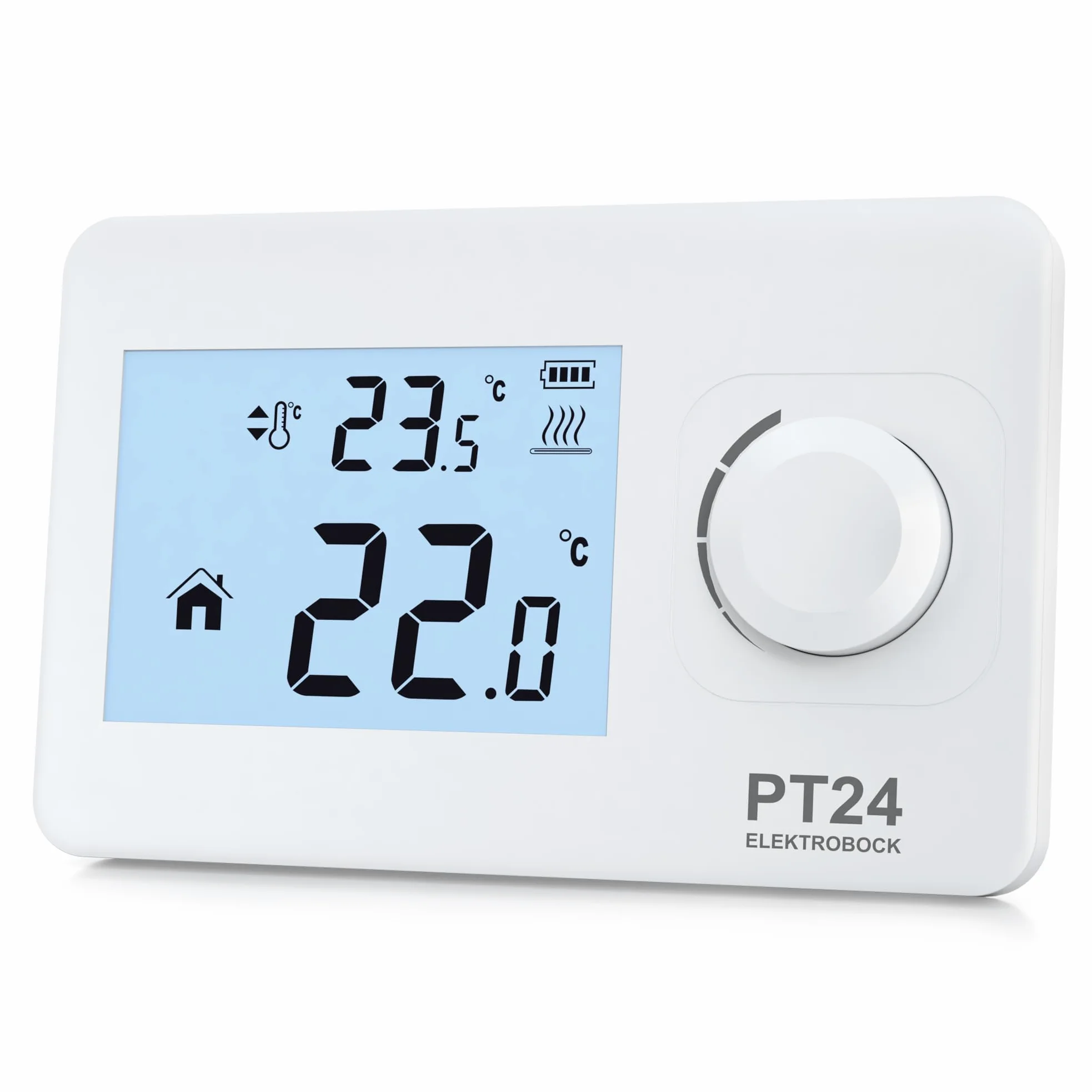 Termostato de Ambiente ELEKTROBOCK PT24 con Pantalla LCD | Termostato de Pared Apto para Todo Tipo de calderas | Alimentación por Pilas (2 x AAA) | No Requiere programación