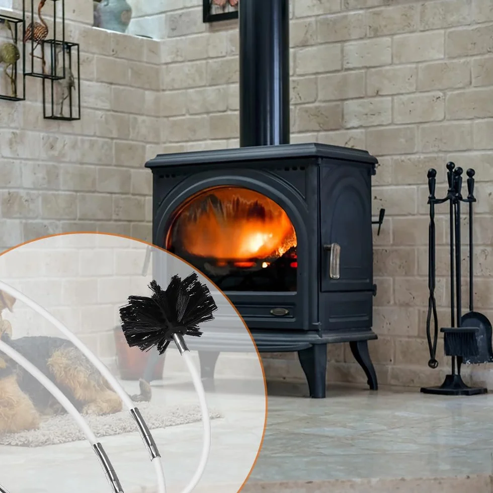 Kit de Cepillo Limpieza Chimenea, Cepillo para Limpiar Chimeneas con 12 Varillas Flexibles, 2 Cabeza de Cepilloy de Ø 150mm y 1 Barra Hexagonal para Tuberías de Caldera, Tubos de Ventilación
