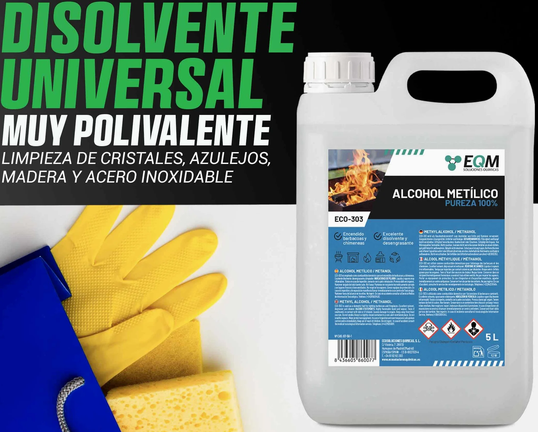 EQM - ECO-303 - Alcohol Metílico 99% Pureza - Metanol - 5L - Combustible de chimeneas y barbacoas - Disolvente industrial, desengrasante y limpiador de superficies
