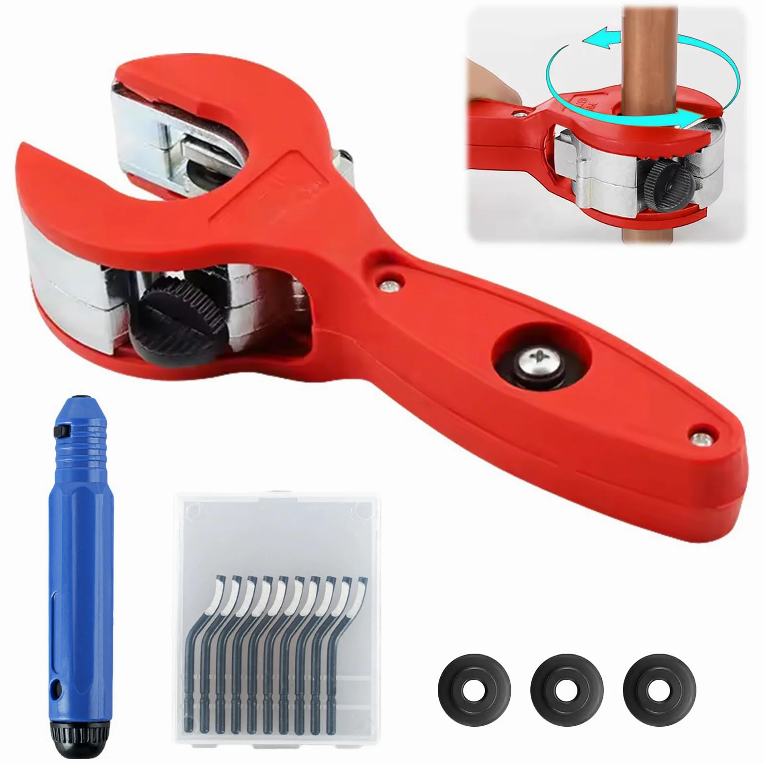 Cortador de tubos de trinquete con 3 ruedas de repuesto y herramientas de desbarbado, 8-29 mm, cortador de tubos de cobre, cortador de tubos de precisión, acero inoxidable, tubos de cobre, adecuado