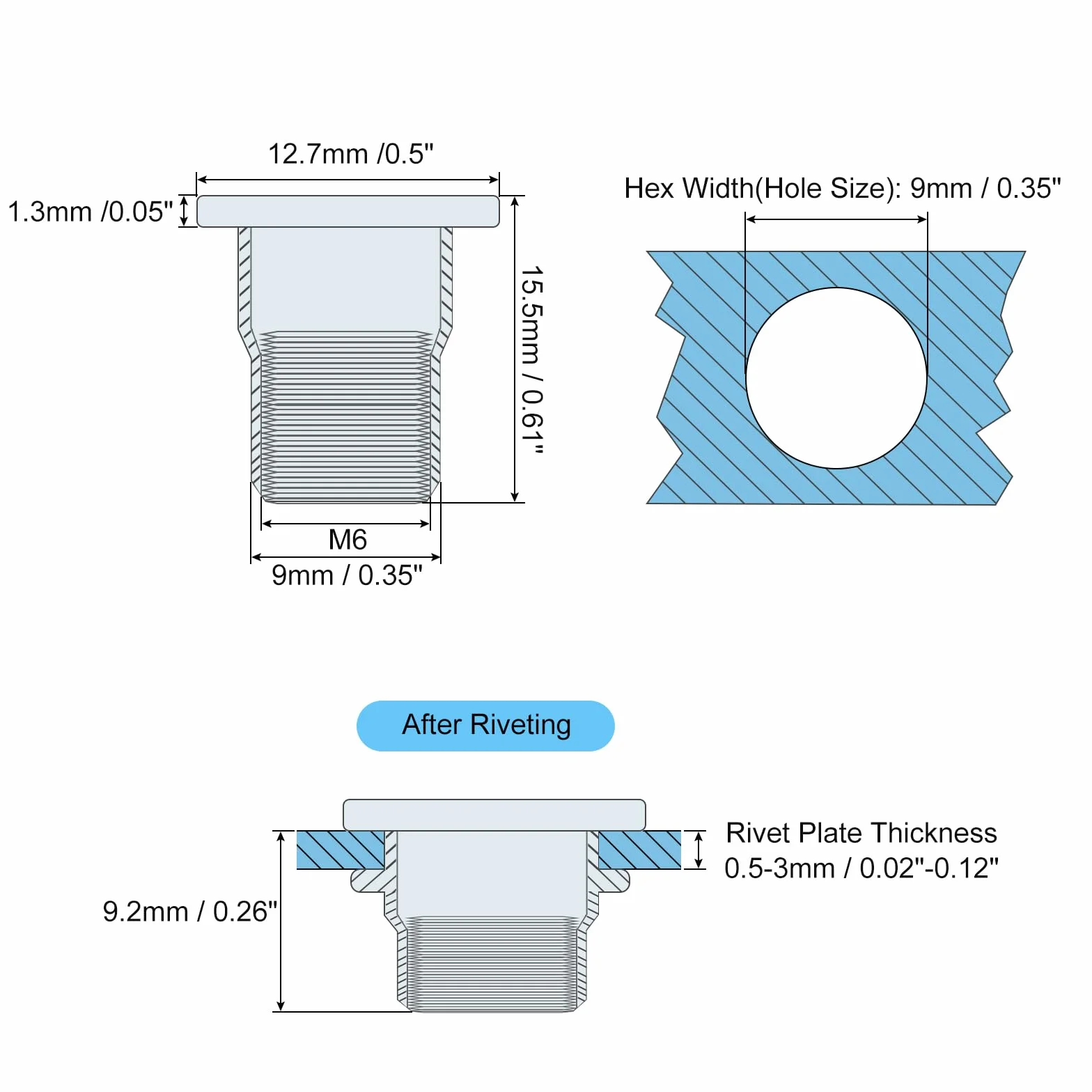 sourcing map M6 Medio Hexagonal Cuerpo Remache Tuercas, 60 Uds 304 Acero Inoxidable Plano Cabeza Roscada Insertar Tuercas