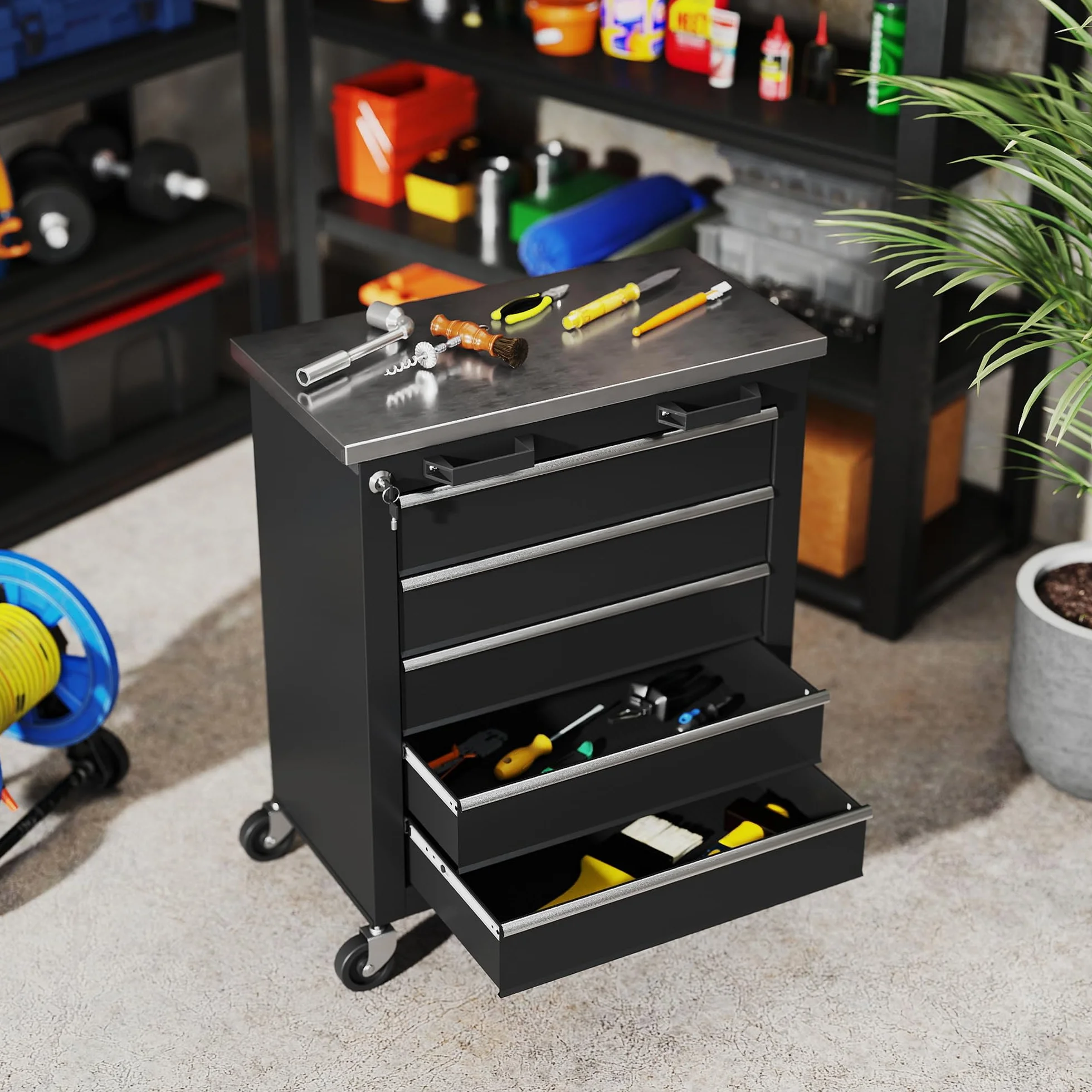 HOMCOM Carro de Herramientas 5 Cajones con Cerradura, Taller con Ruedas, Encimera Acero Inoxidable, Negro Plata