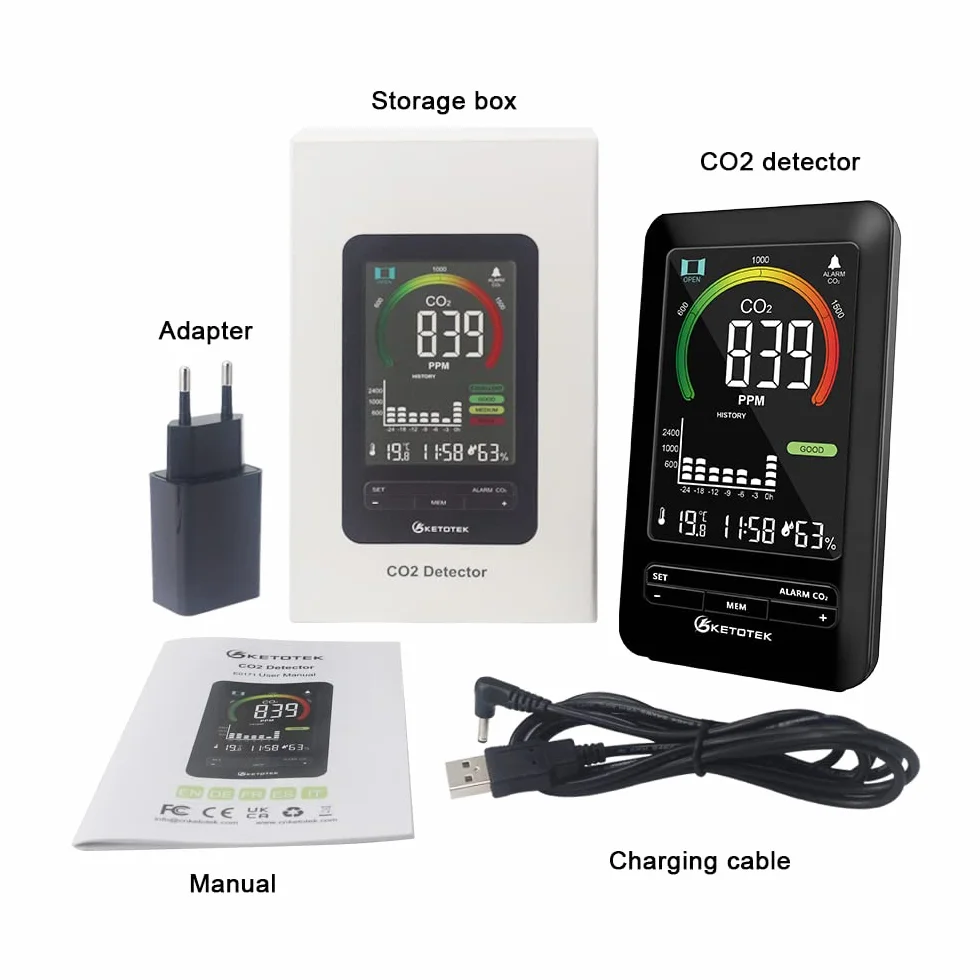 KETOTEK Medidor de CO2, Detector de CO2, Monitor de Calidad del Aire analizador con Alarma, Detector de dióxido de Carbono, Temperatura, Humedad